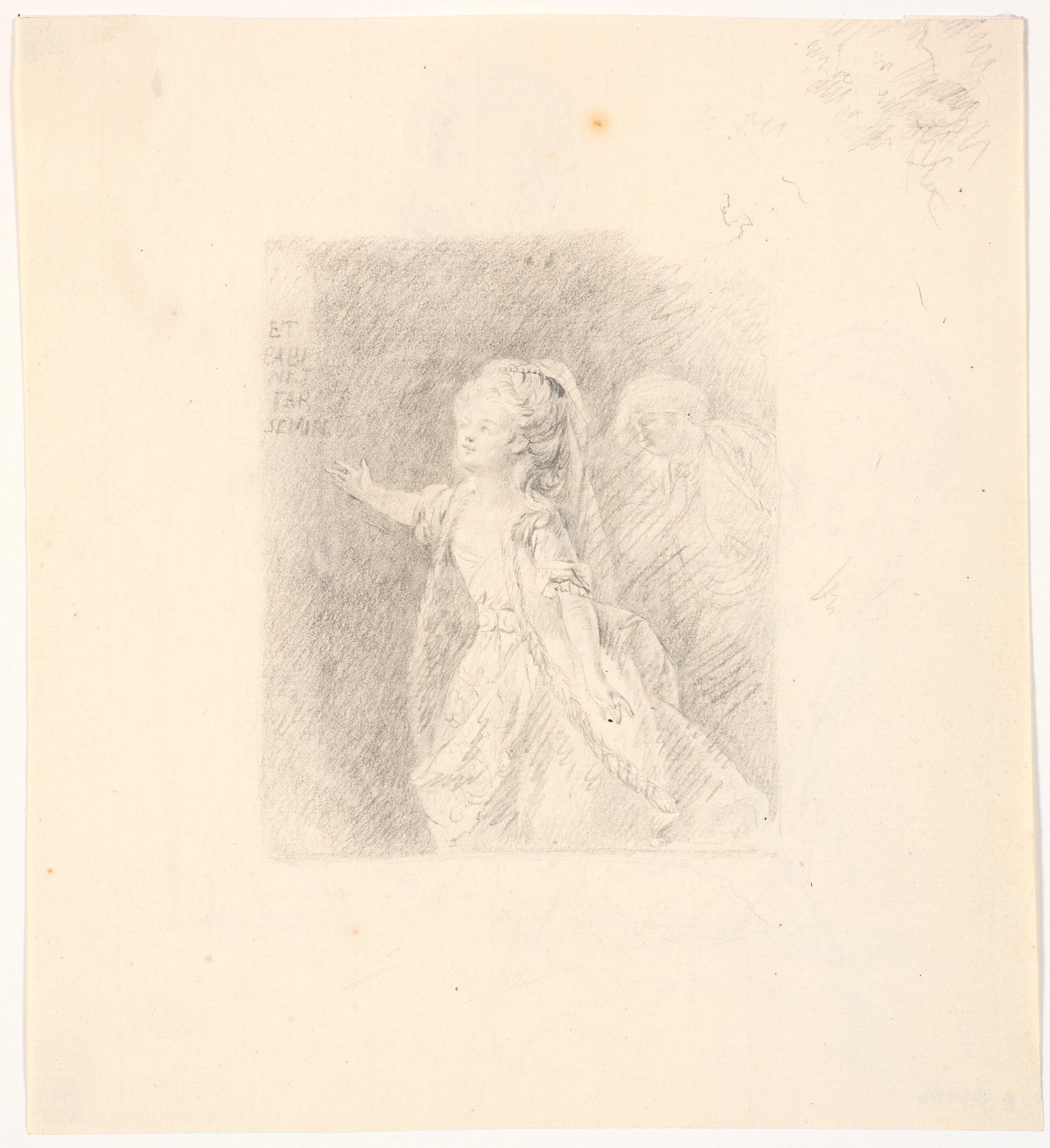 Dame med udbredte arme. Bag hende en turbanklædt mand