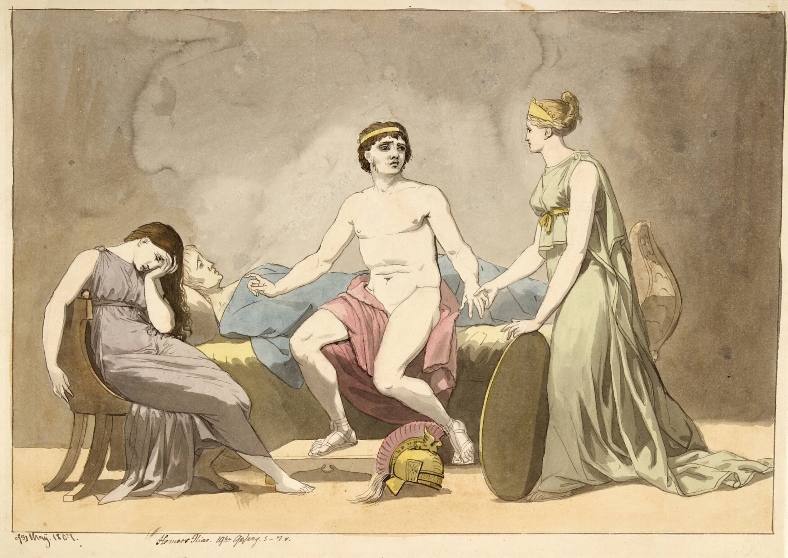 Thetis bringer våben til Achilles, som sørger ved Patroklos' lig