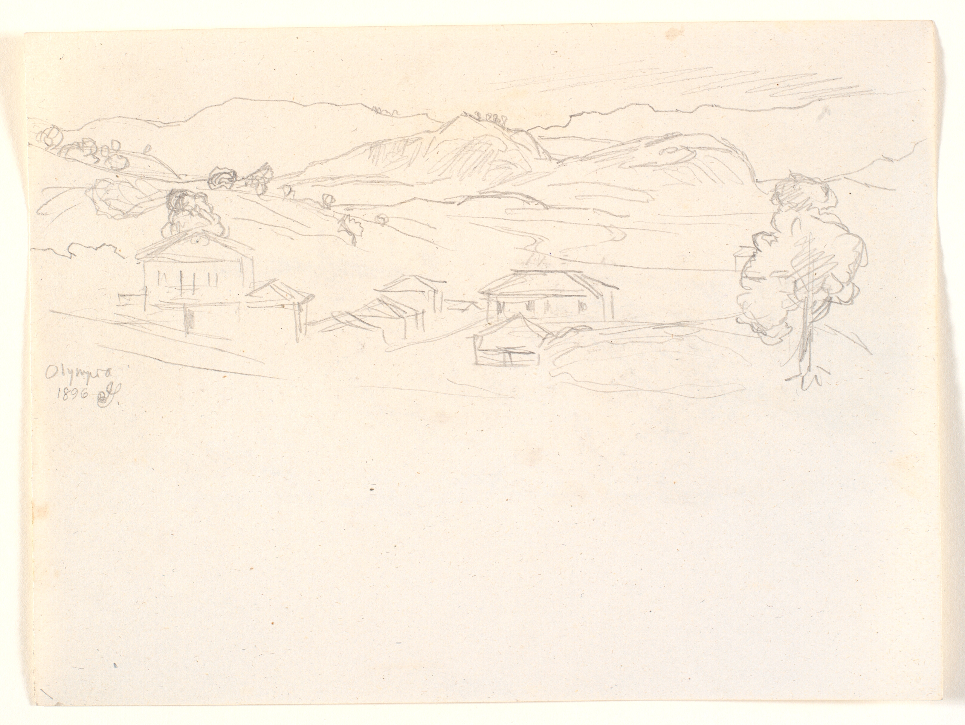 Græsk landskab med huse og bjerge