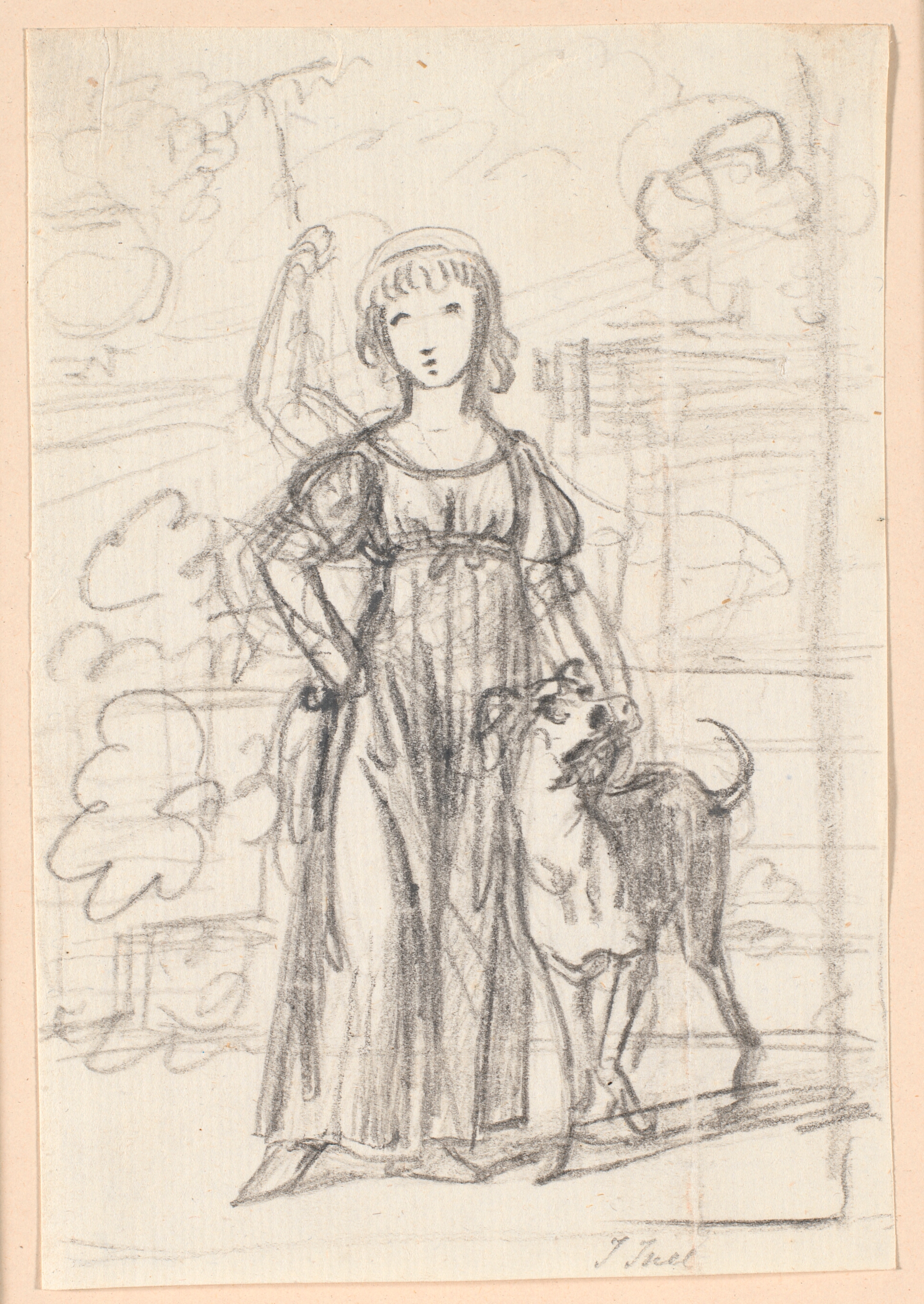 Kompositionsudkast til et portræt af en ung pige med højre hånd i siden og venstre arm om halsen på sin hund, stående ved en havetrappe