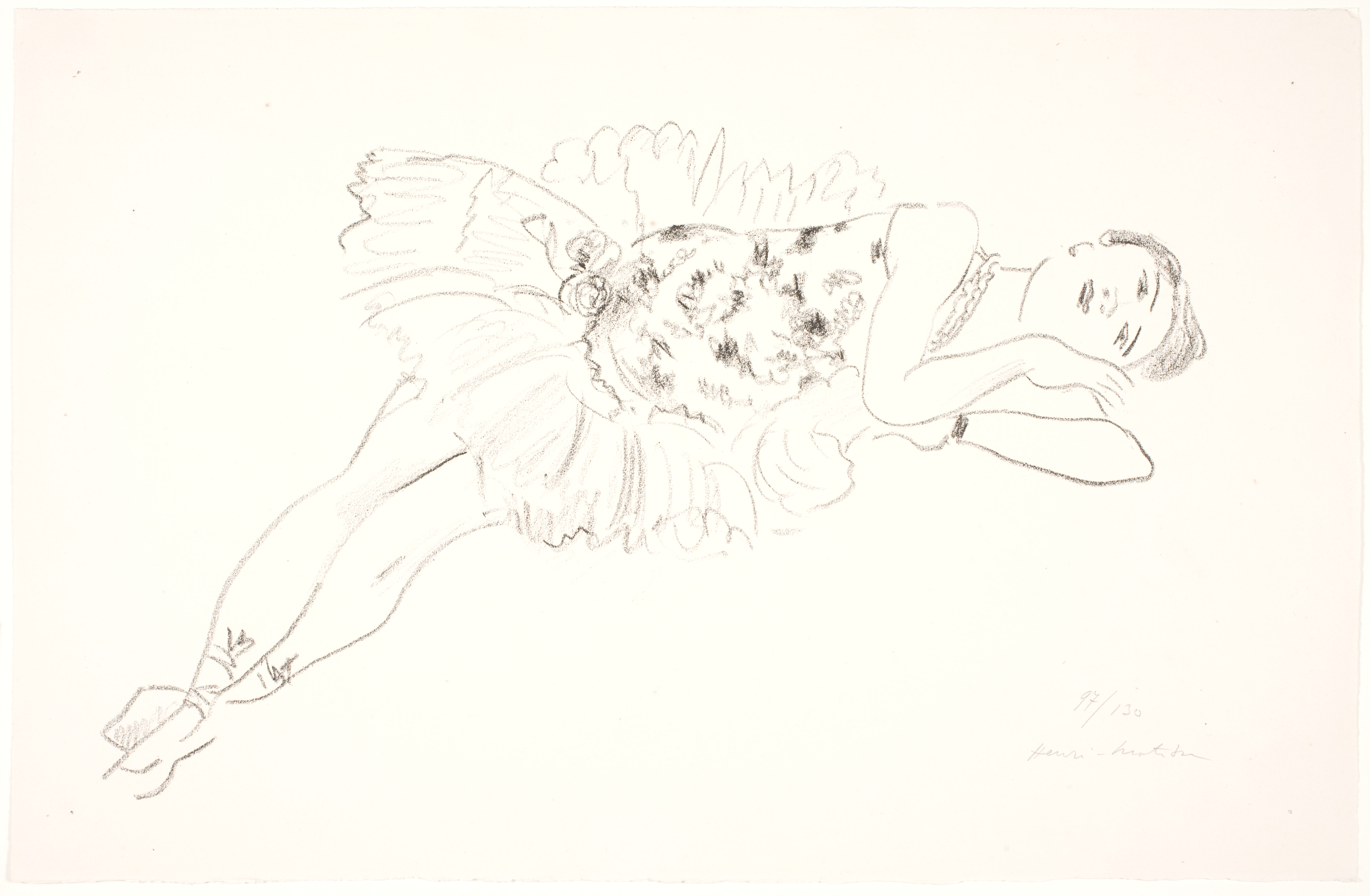 Danserinde, liggende på siden med hovedet på sin arm