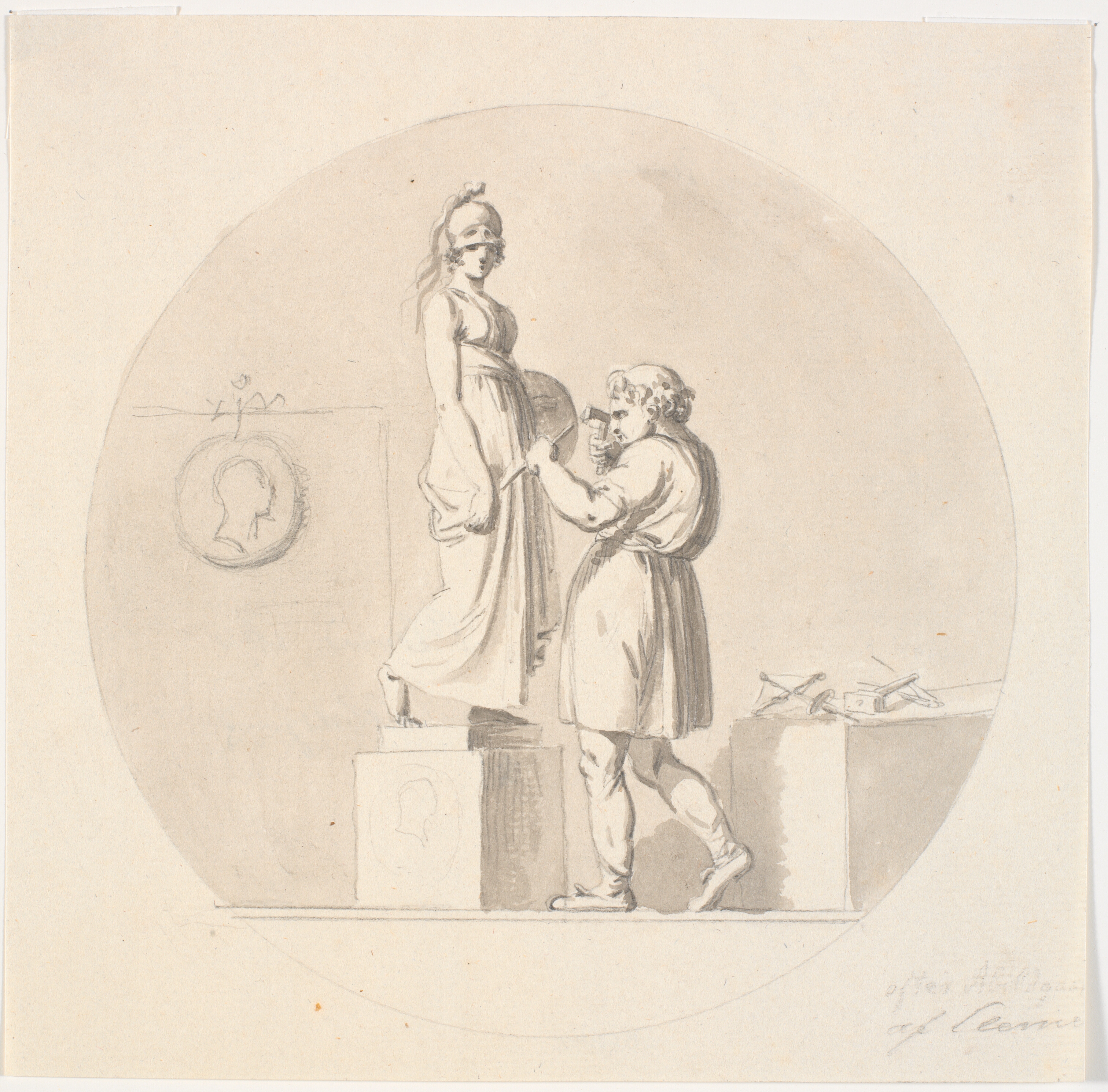 Sergel arbejder i sit atelier med at hugge en statue af Minerva