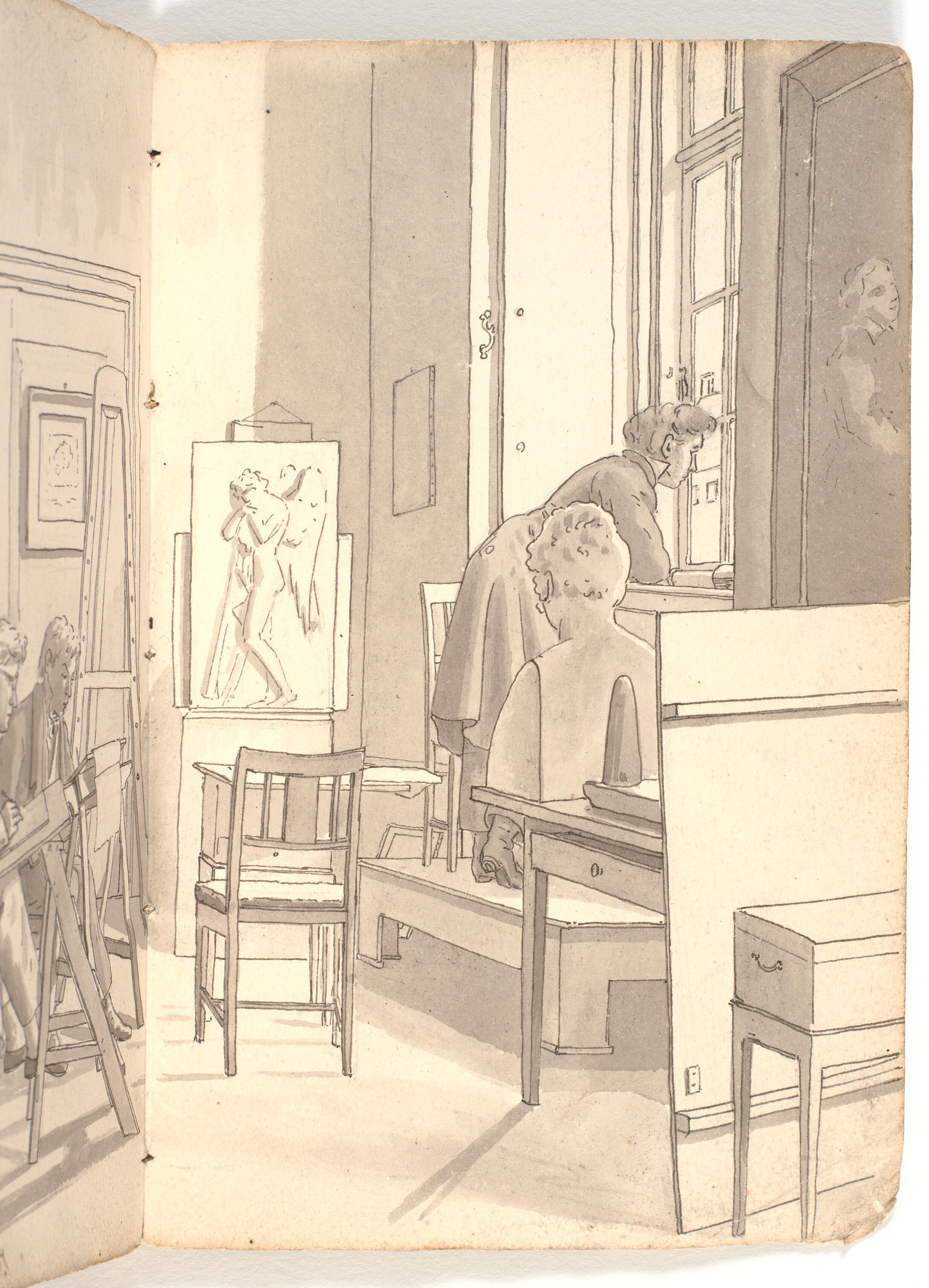 Interiør fra akademiet med tegnende unge kunstnere