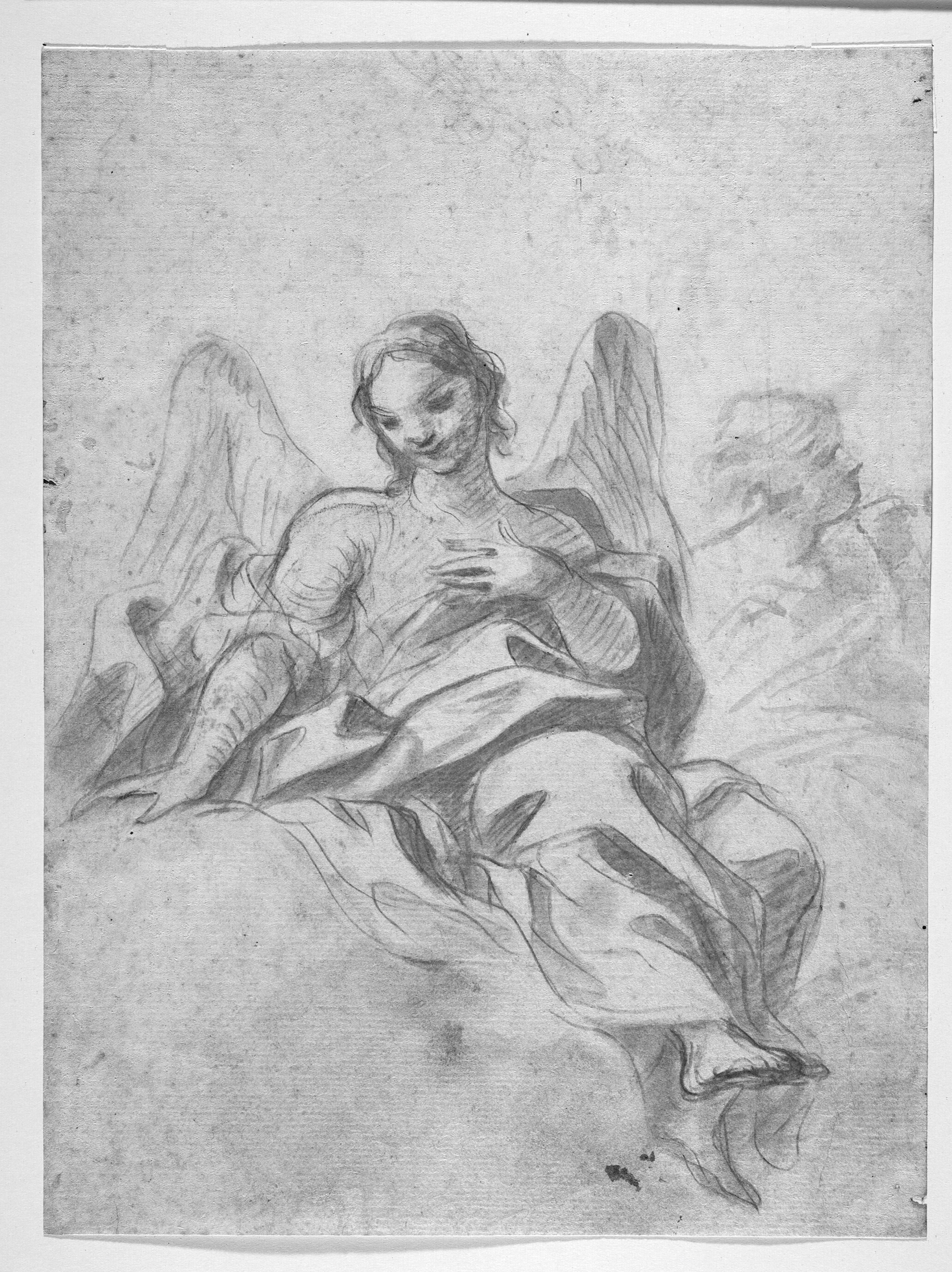 Engel siddende på en sky og en skitse af en anden figur til højre