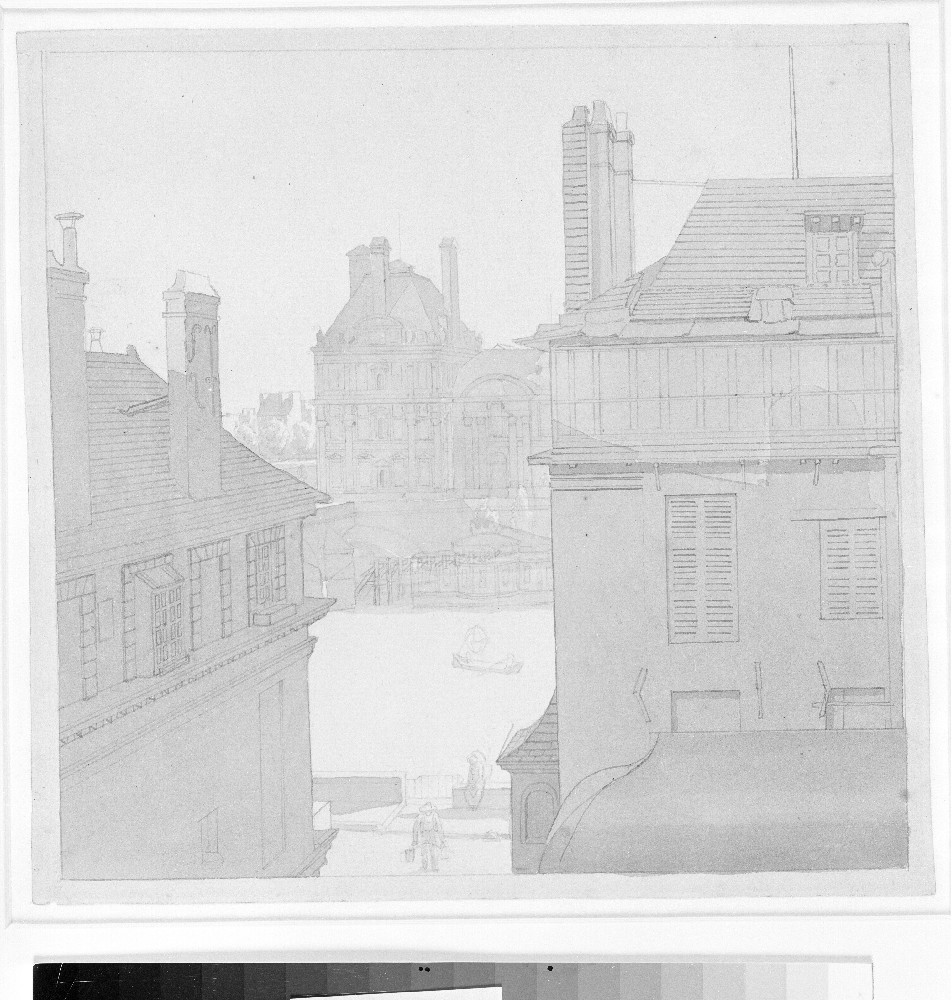 Udsigt fra Eckersbergs bolig i Hôtel d'Irlande, Rue de Beaune nr. 3, over Seinen mod (Louvre, Pavillon de Flore) Tuillerierne og Rue de Rivoli