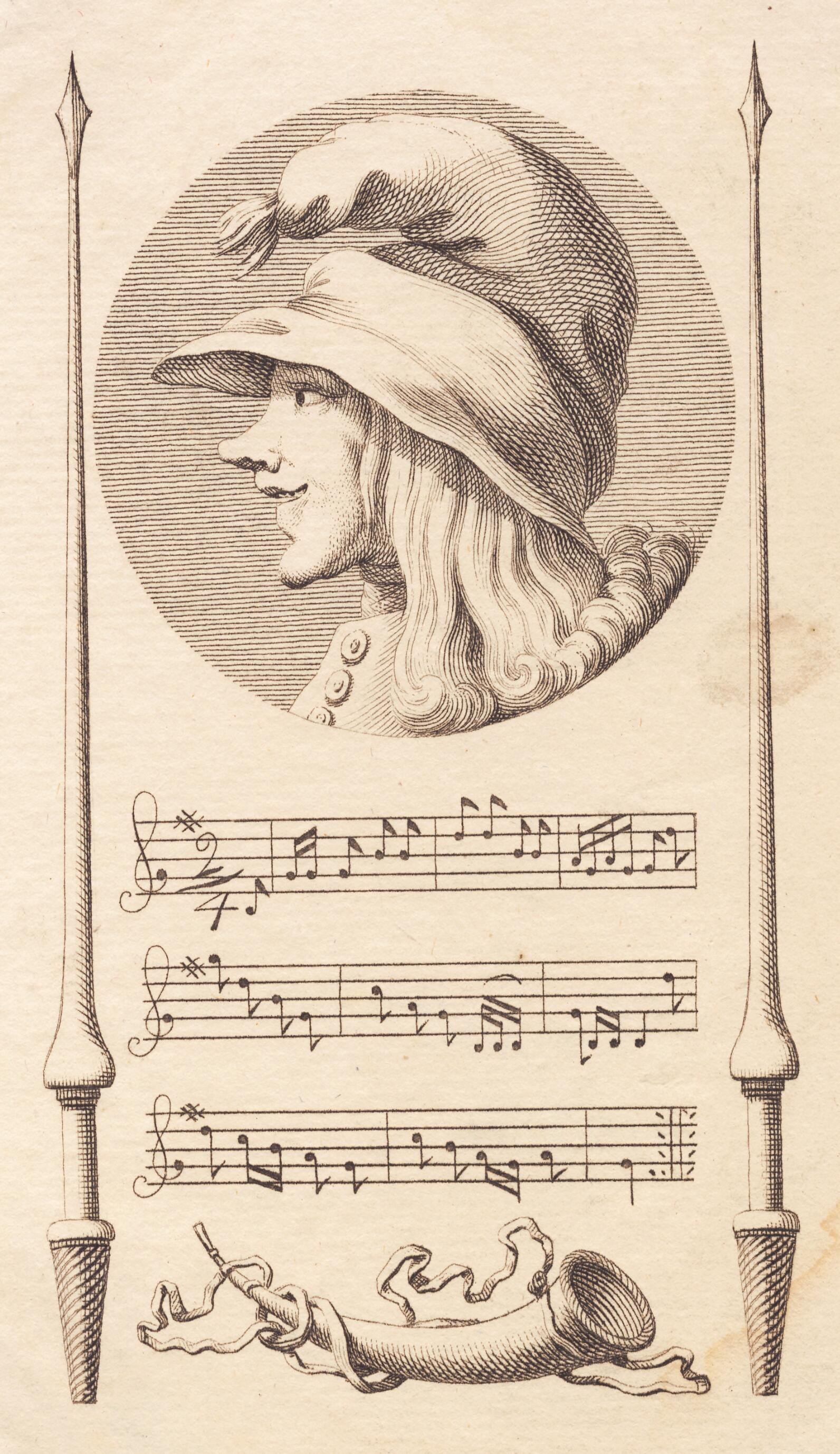 Vignet. Hoved af en bondedreng mellem to lanser.