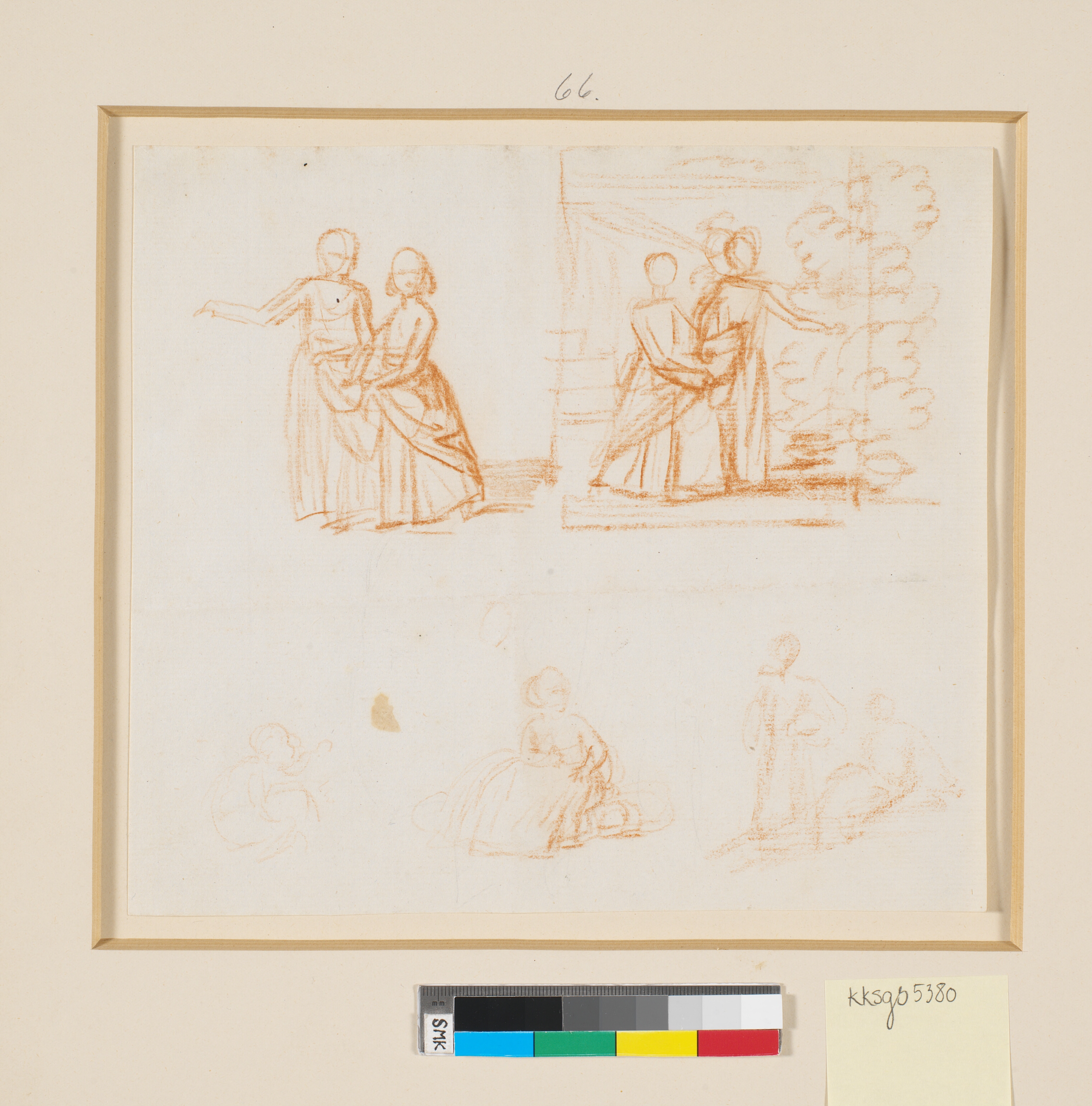 Kompositionsskitser til maleriet af generalkonsul Johan Christian Pingles døtre i en have: Forneden på bladet er skitseret nogle mindre børn