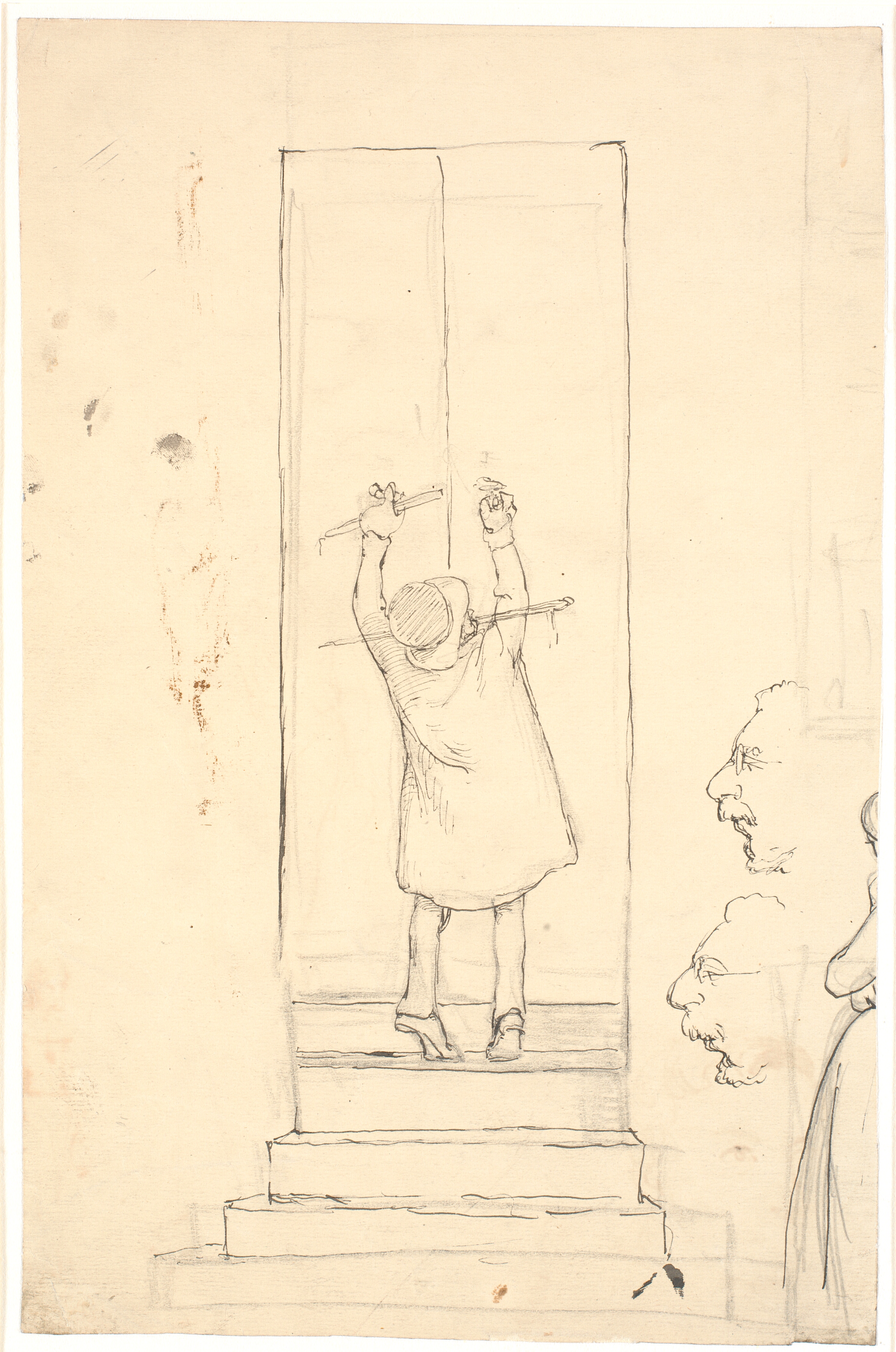 En lille mand står på tæerne for at åbne en dør med slå. Rids af profiler og kvinde