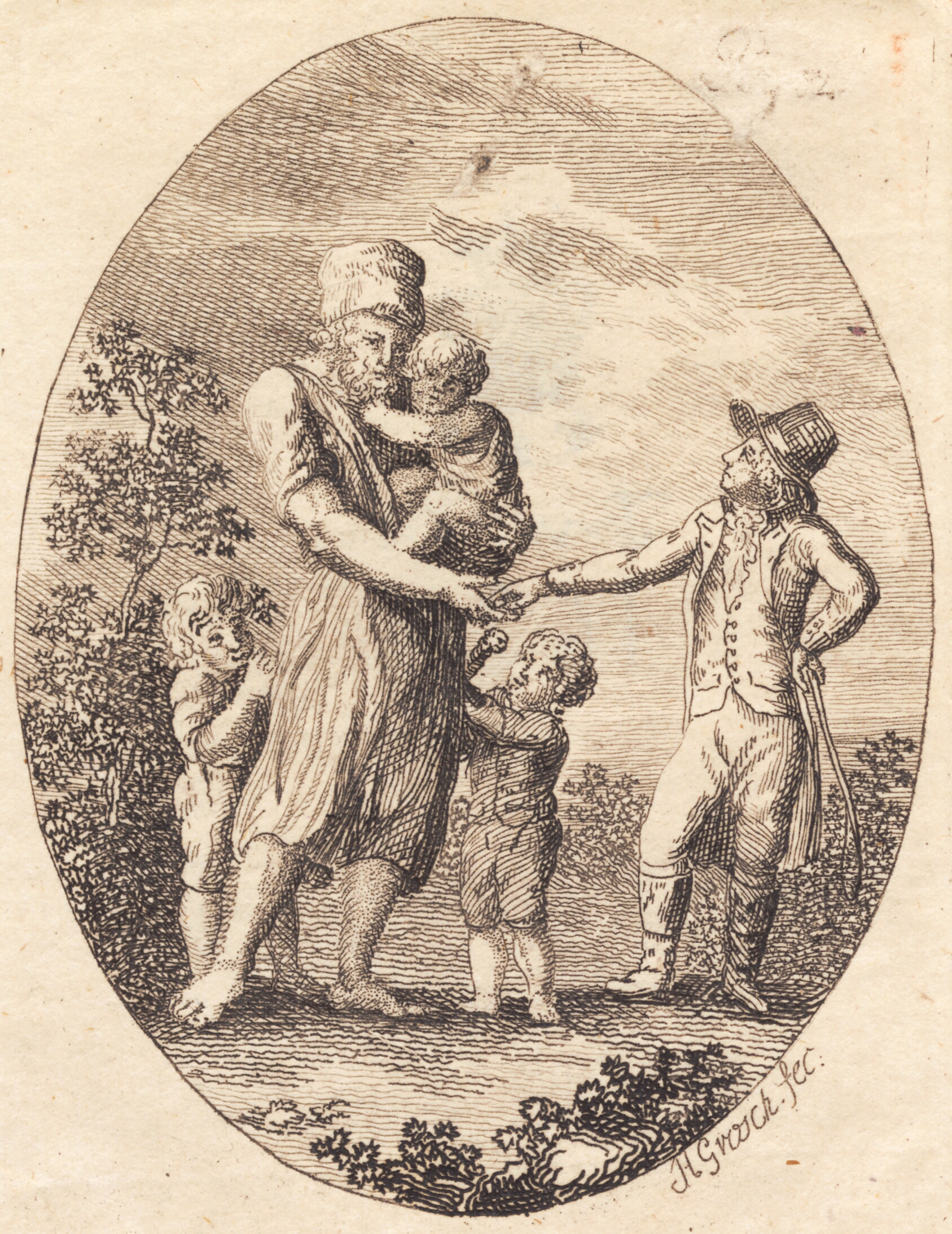 En herre giver en drikkeskilling til en mand med to børn