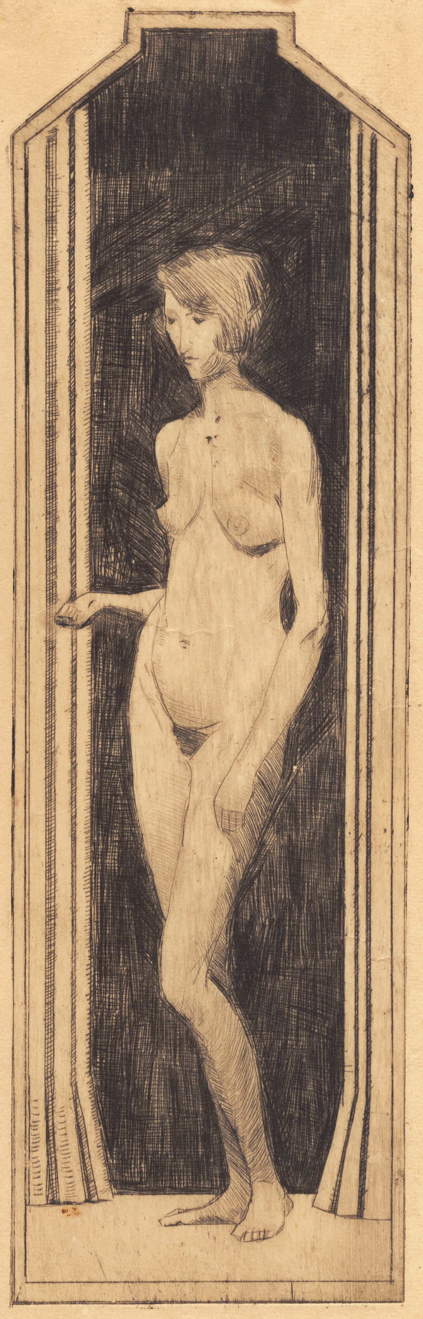 Stående nøgen kvinde i smalt felt