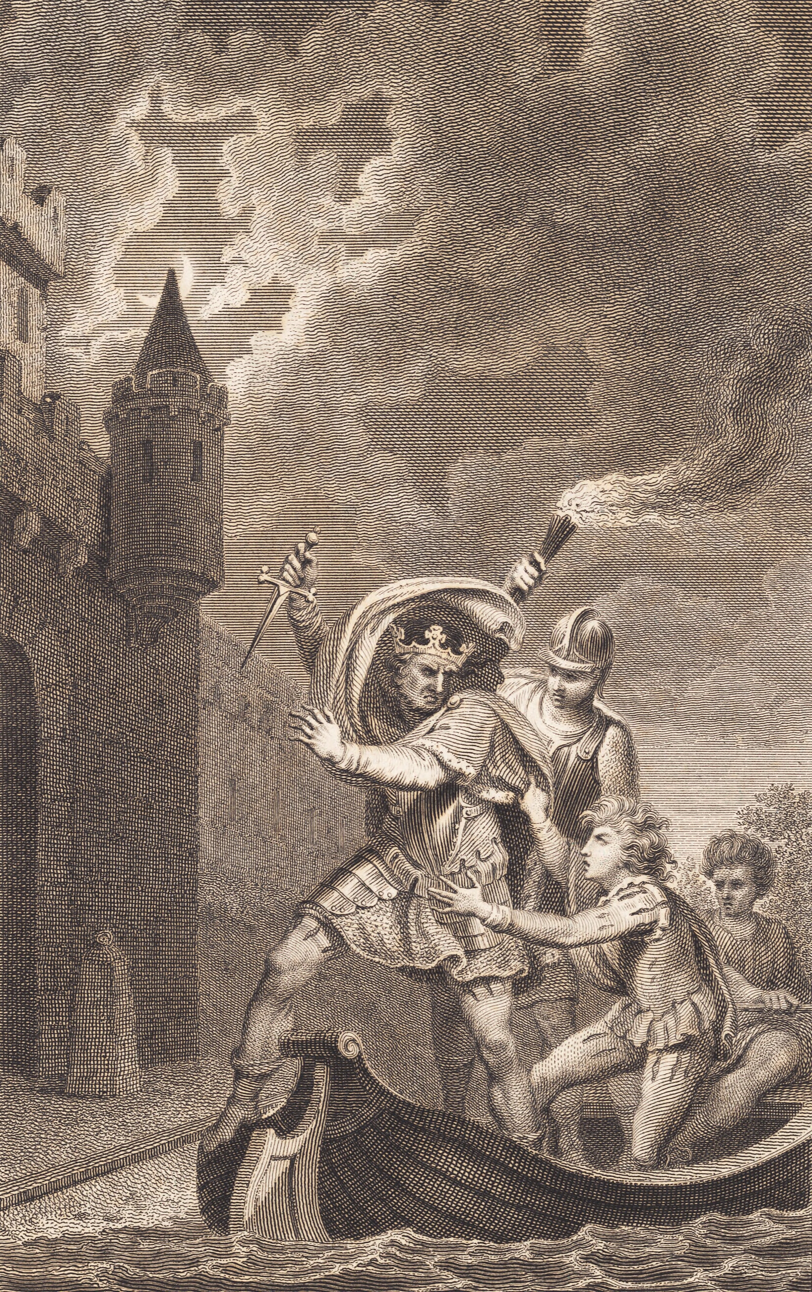 Illustration. En konge med løftet dolk og tre personer i en båd