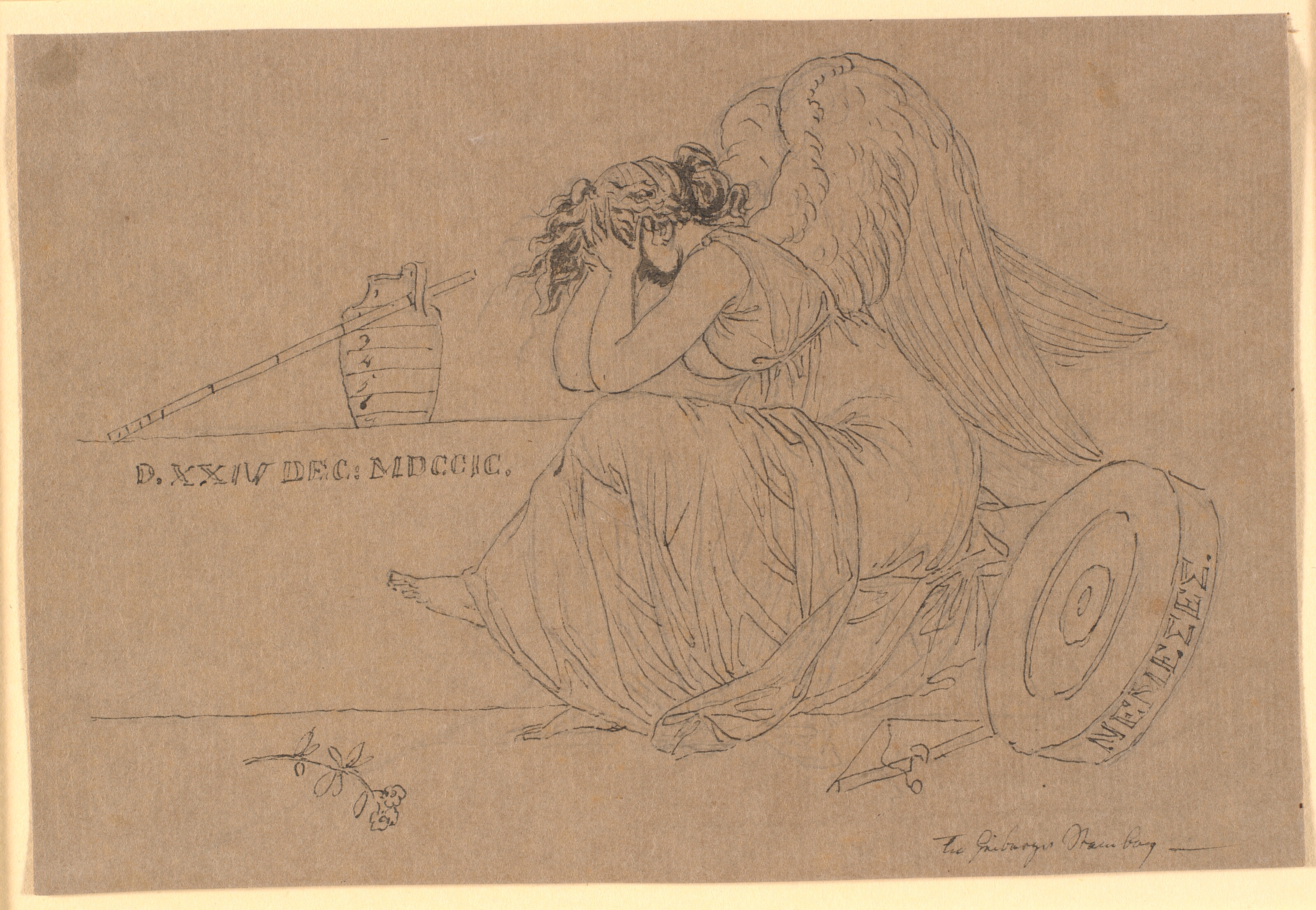 Nemesis, tildækkende sine øjne af sorg