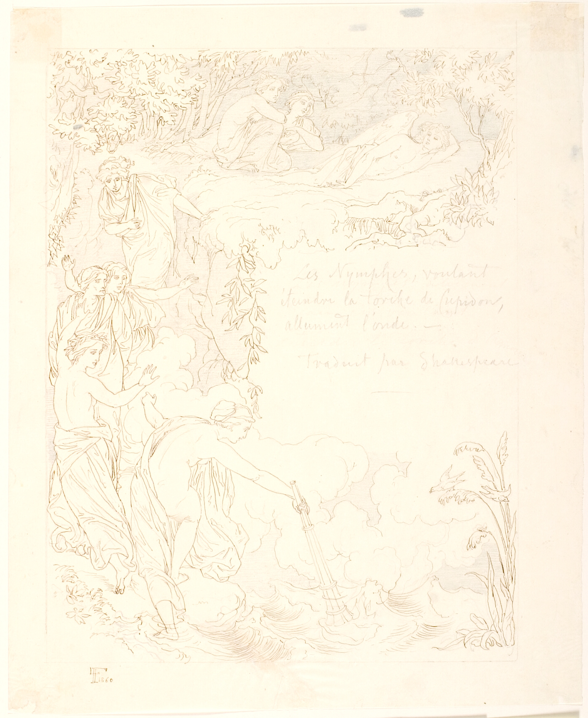 Nymferne finder Eros' sovende og forsøger at slukke Eros' fakkel