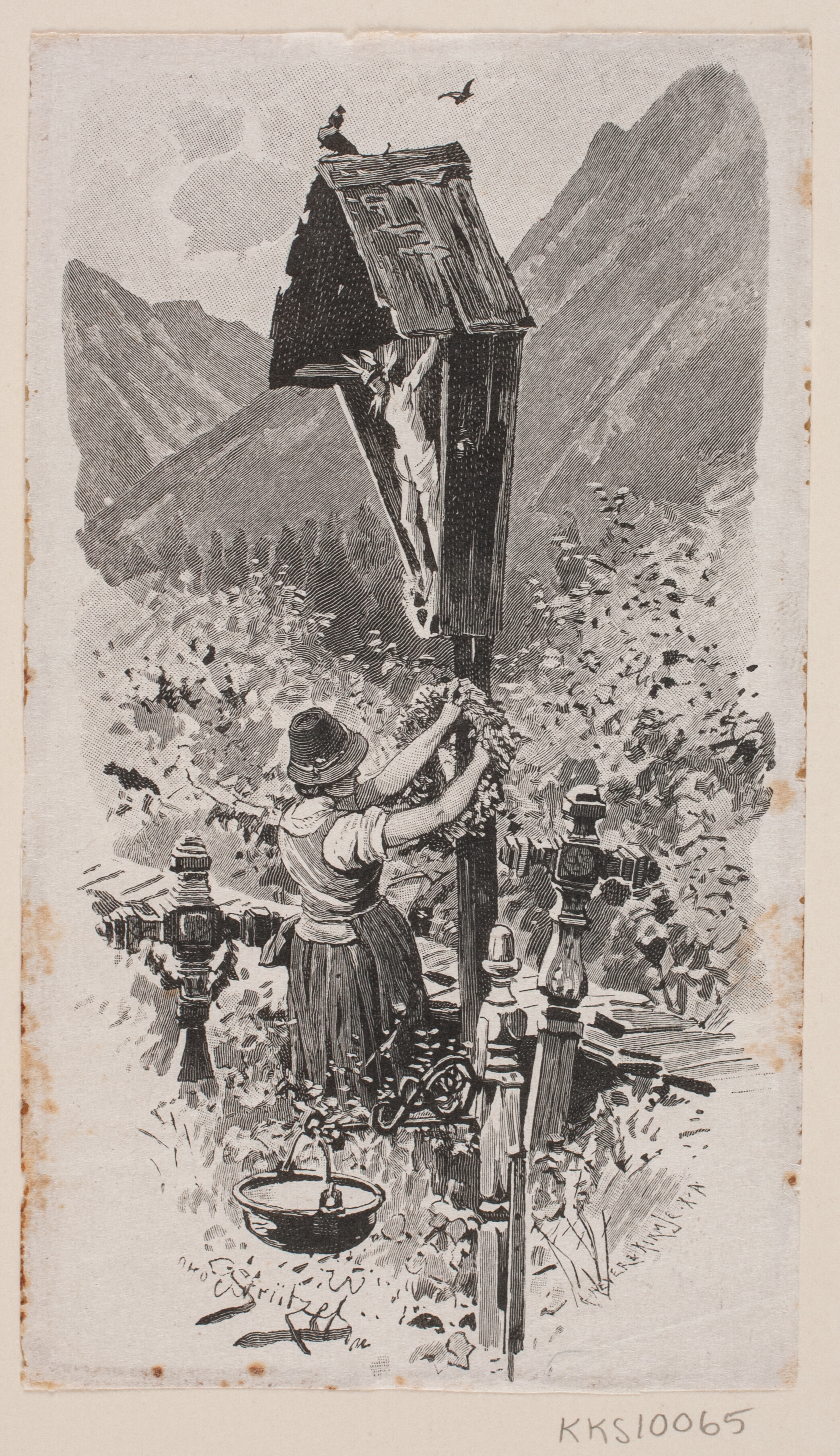 Kirkegård i bjergene. En ung pige ved et krusifix