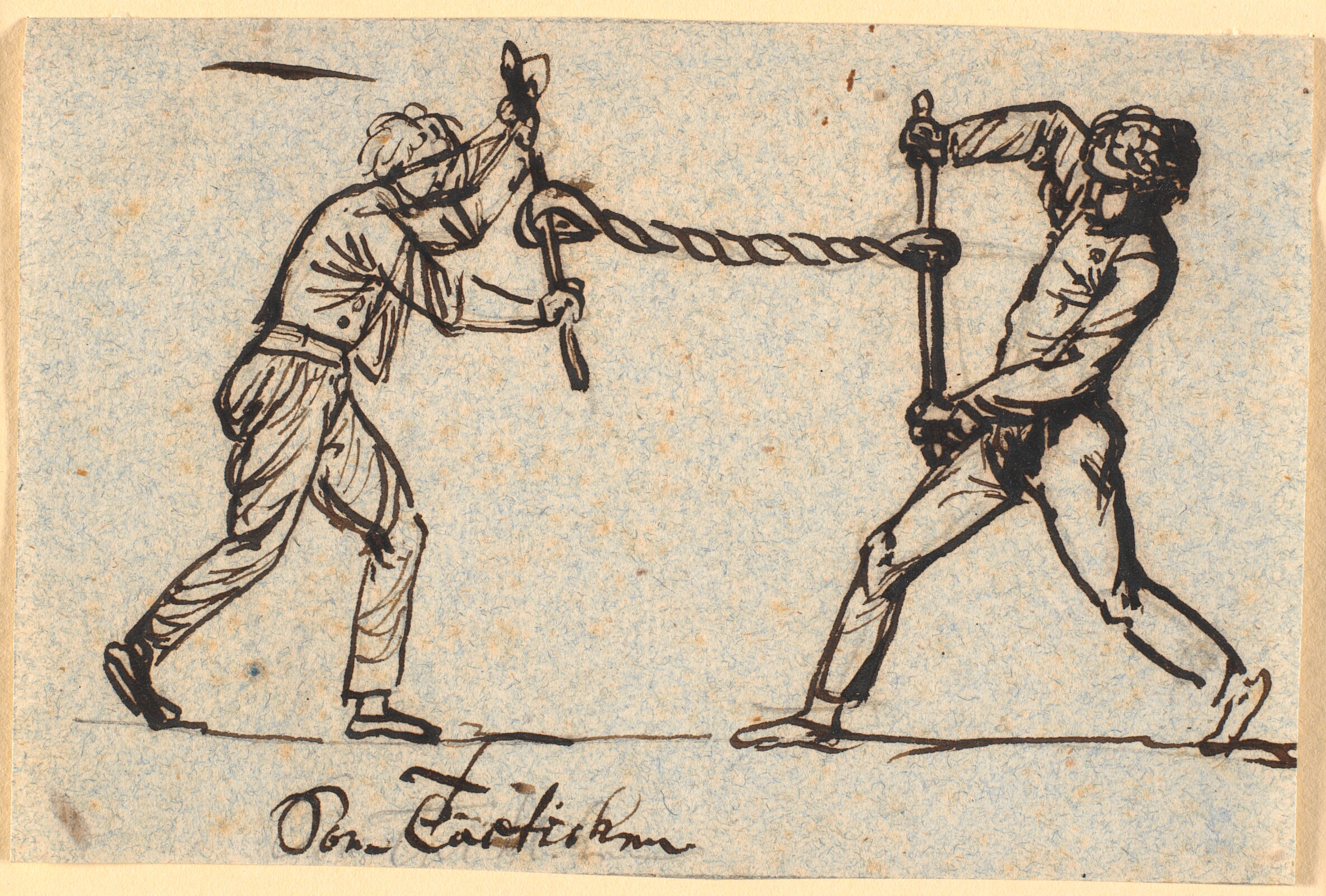 To mænd vrider ved hjælp af stænger et tov