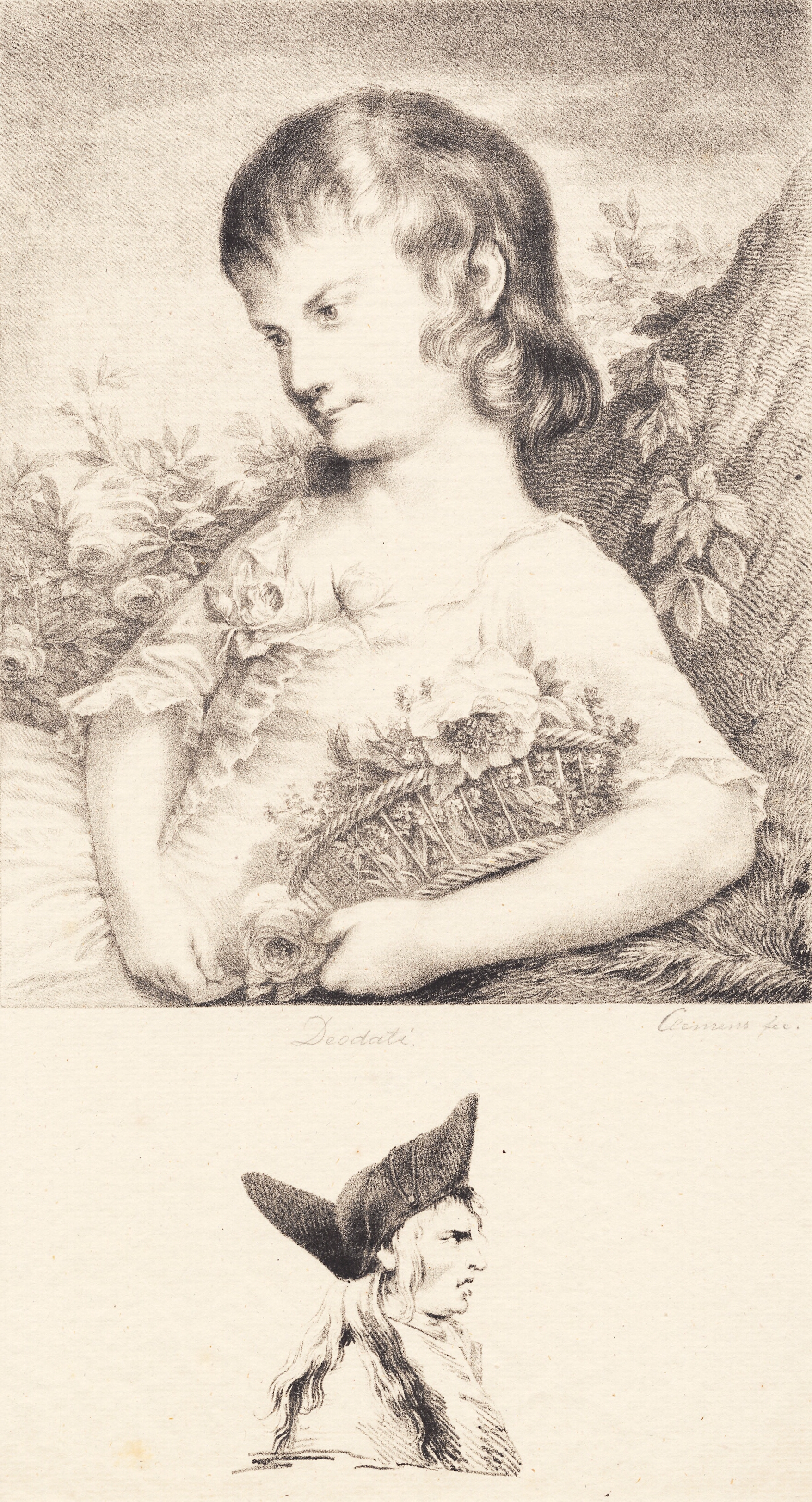 En lille pige med en blomsterkurv og mandsportræt