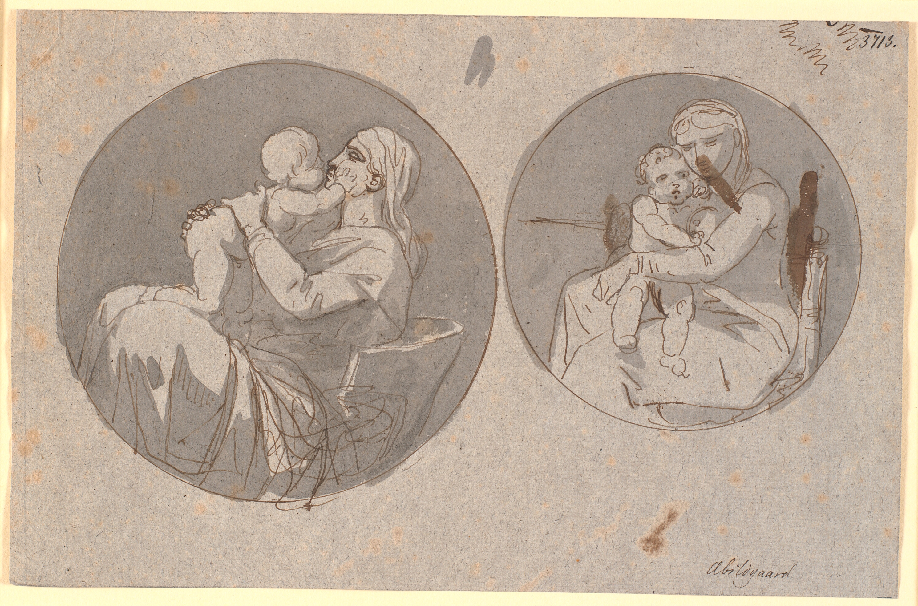 To cirkelrunde kompositioner af en moder, der sidder med sit barn i favnen