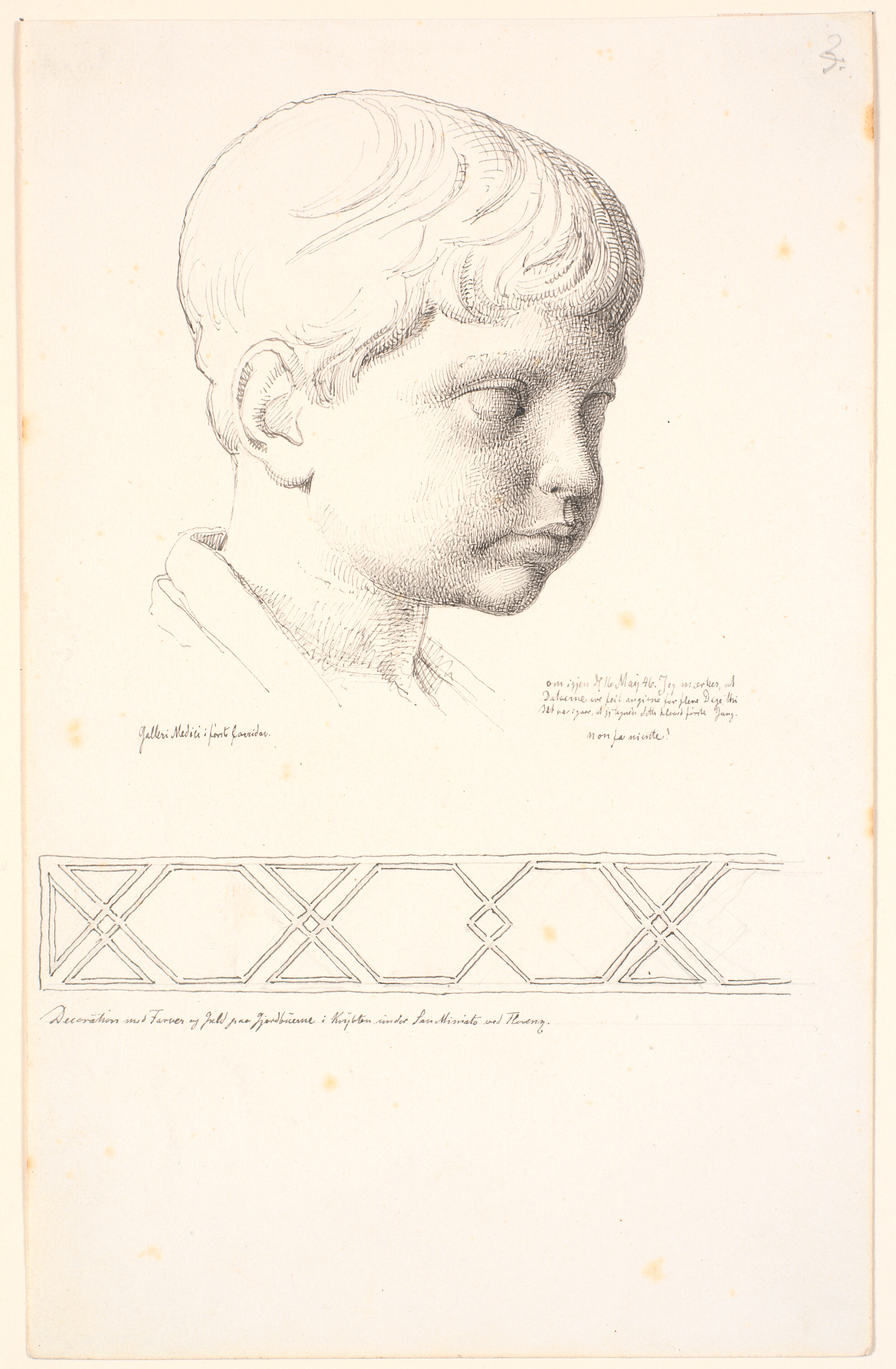 Britannicus hoved set i 3/4 profil mod højre. Forneden en dekorativ bort