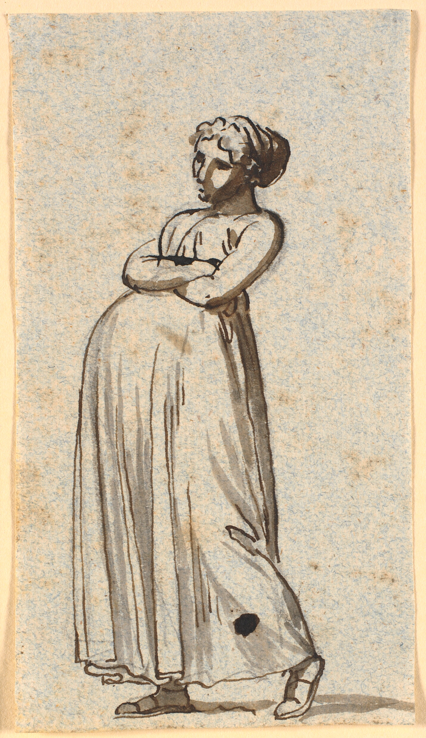 Karikatur af en frugtsommelig kone, gående