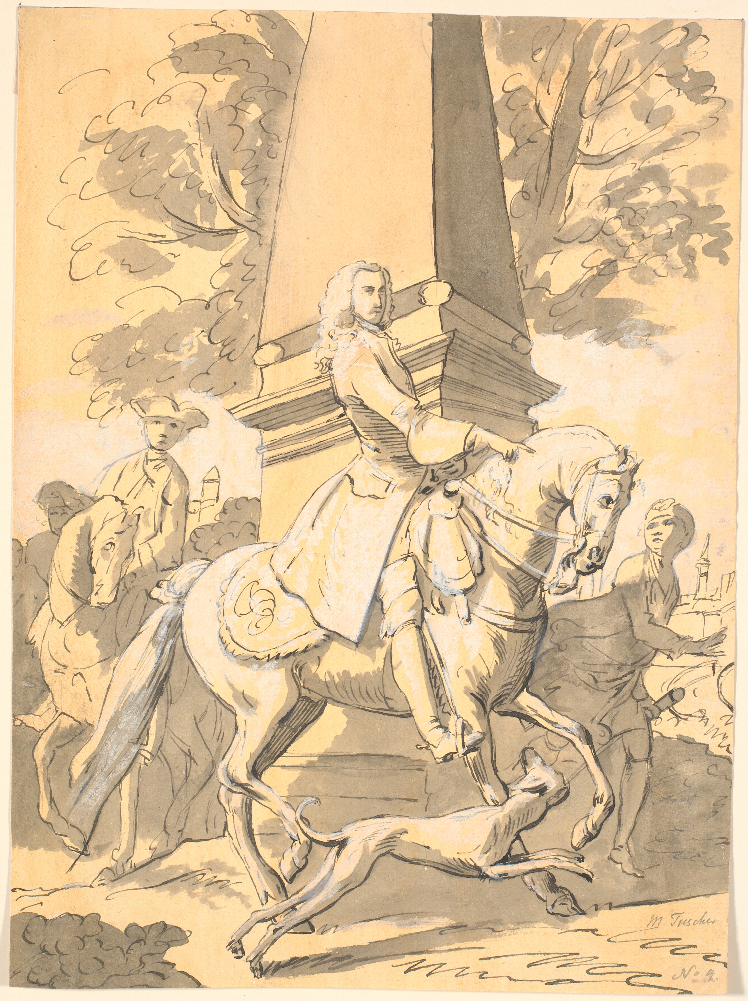 Fornem herre fulgt af tjenere rider forbi et monument