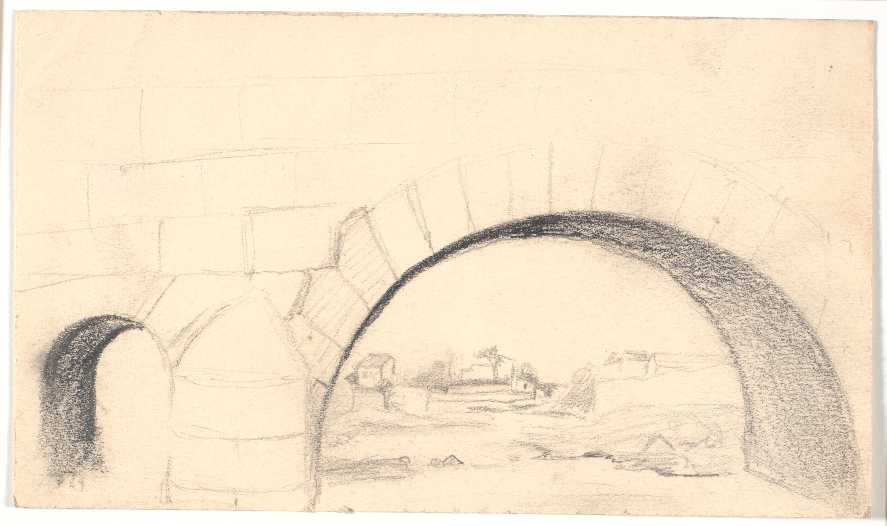 Italiensk landskab med klynge af huse set gennem en brobue