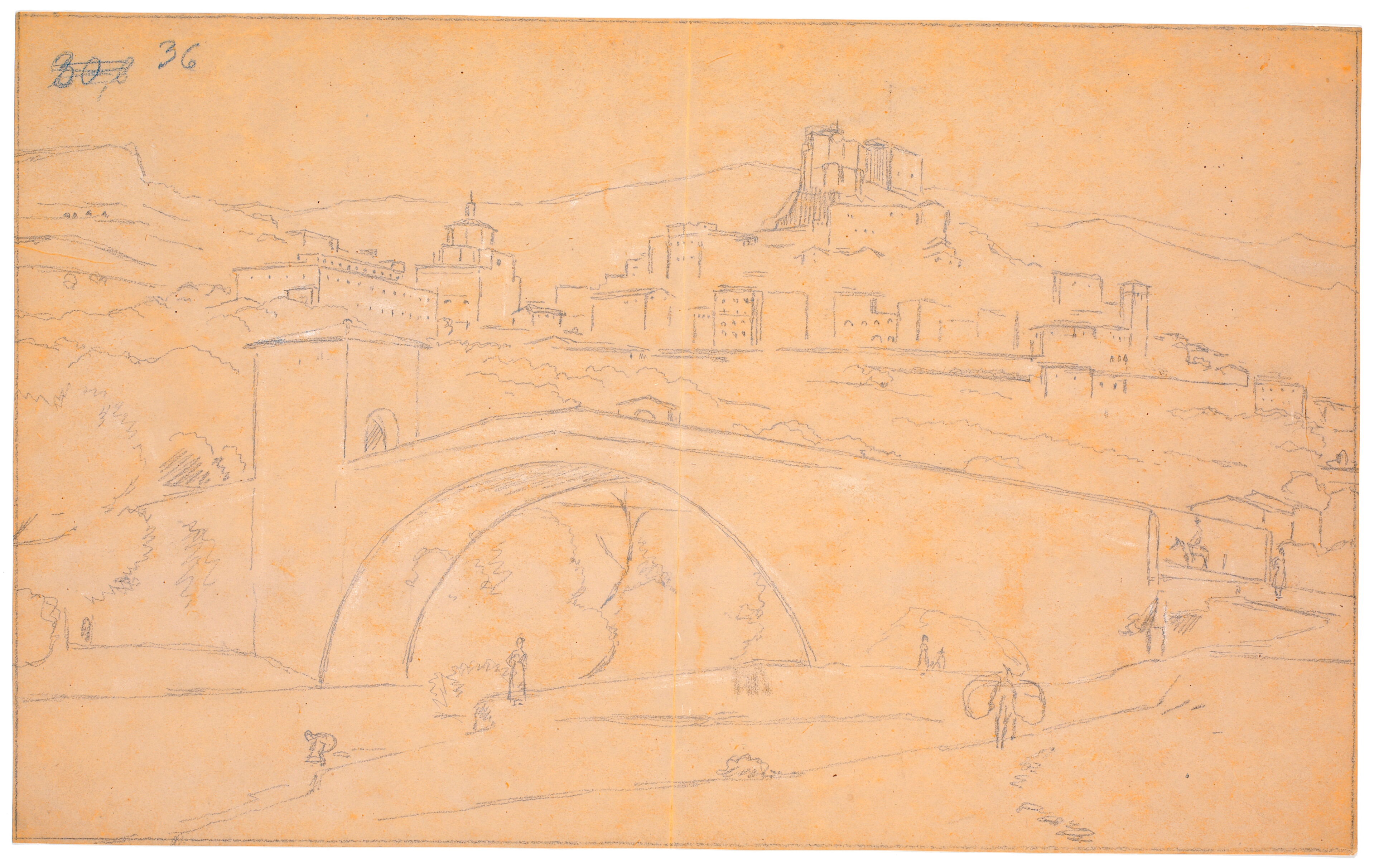 Italiensk landskab med en bro over en flod og byen Subiaco i baggrunden