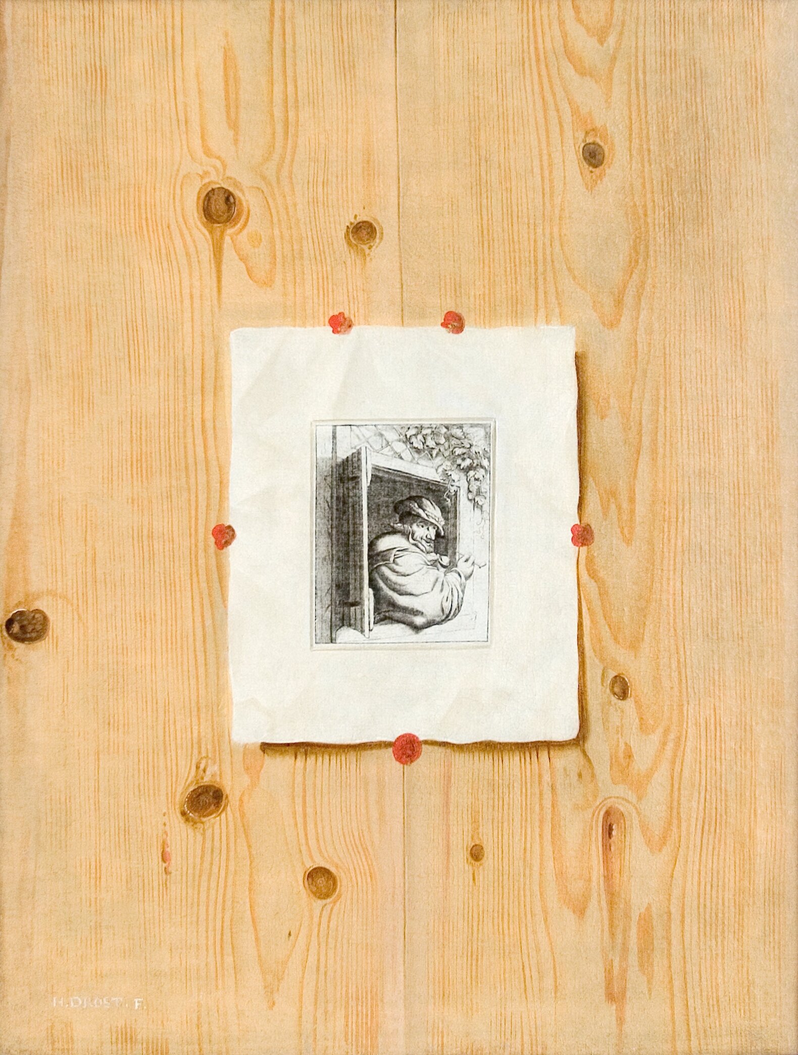 Trompe l´oeil. Bræddevæg med en radering af en mand med en pibe.