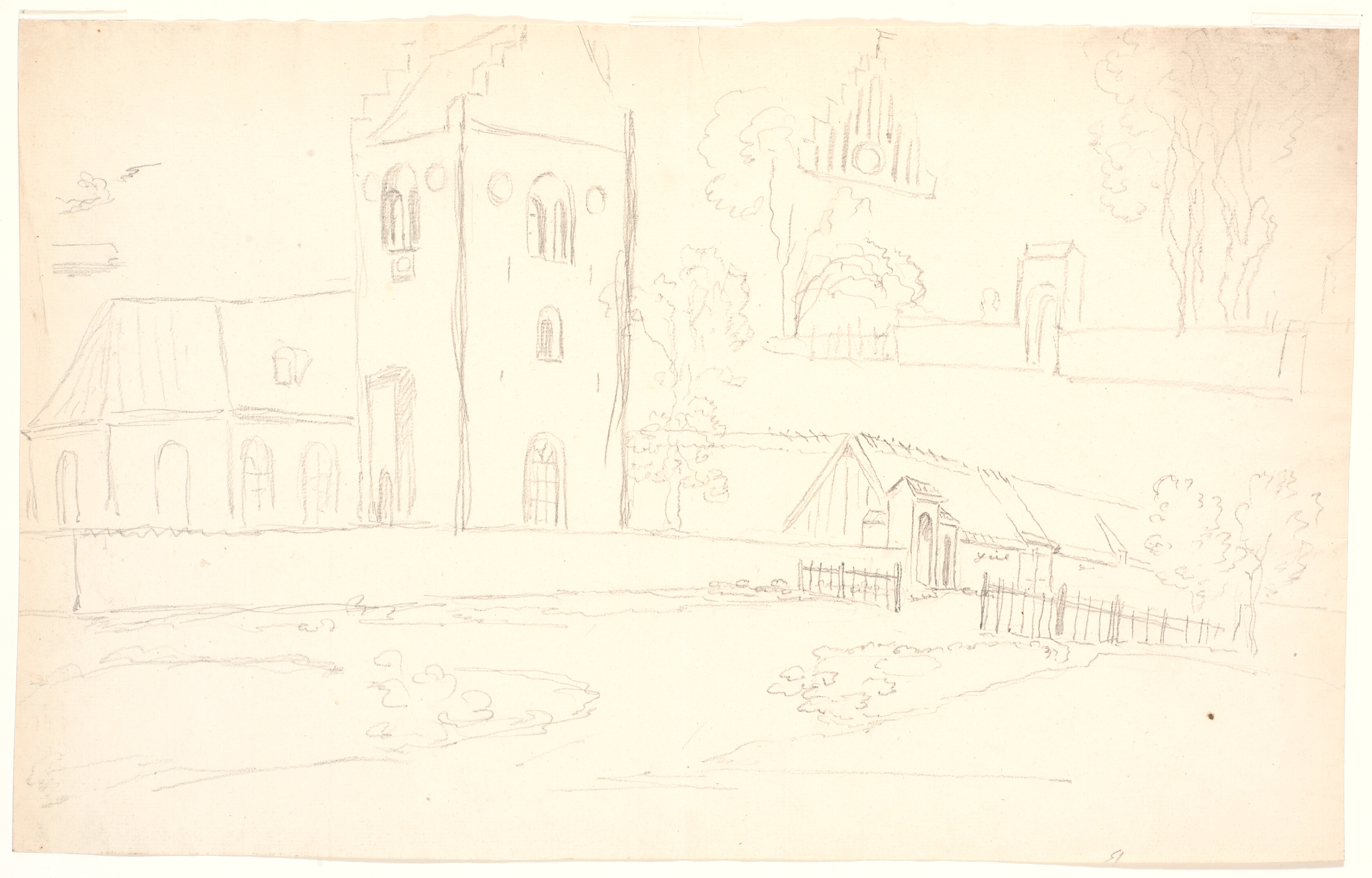Kirke og gård samt kirkegårdsmur og port. Gentofte kirke?