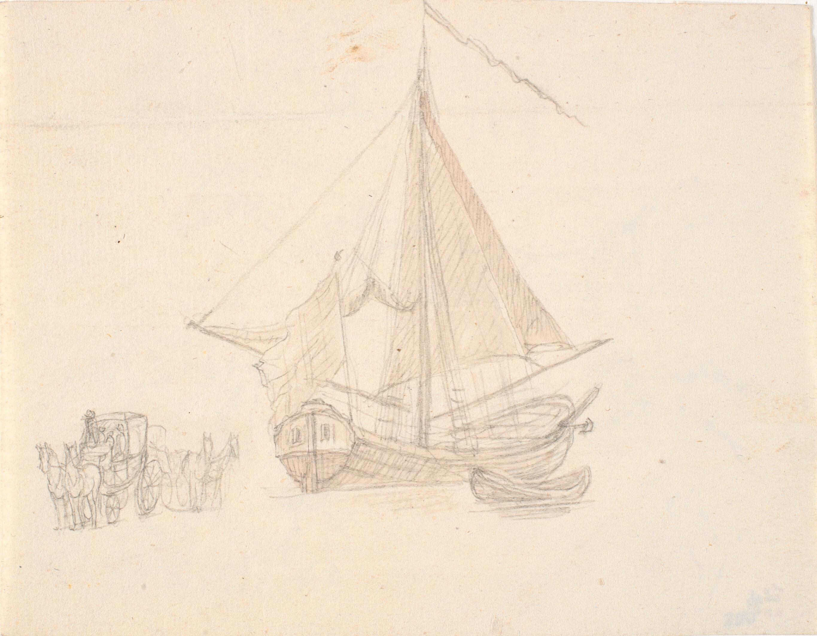 Et skib med sejl og vimpel og en jolle. T.v. to hestevogne