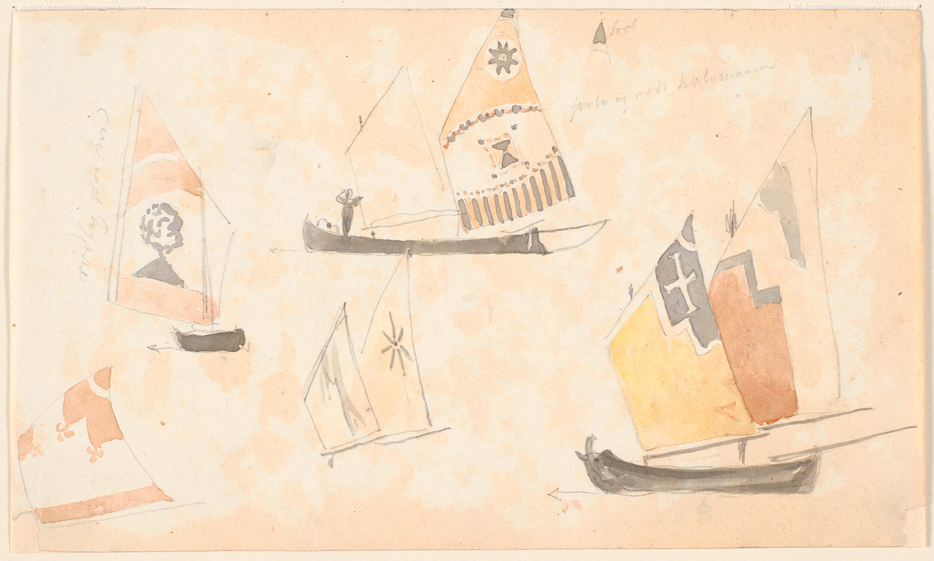Skitsebogsblade med studier af venetianske sejlbåde.