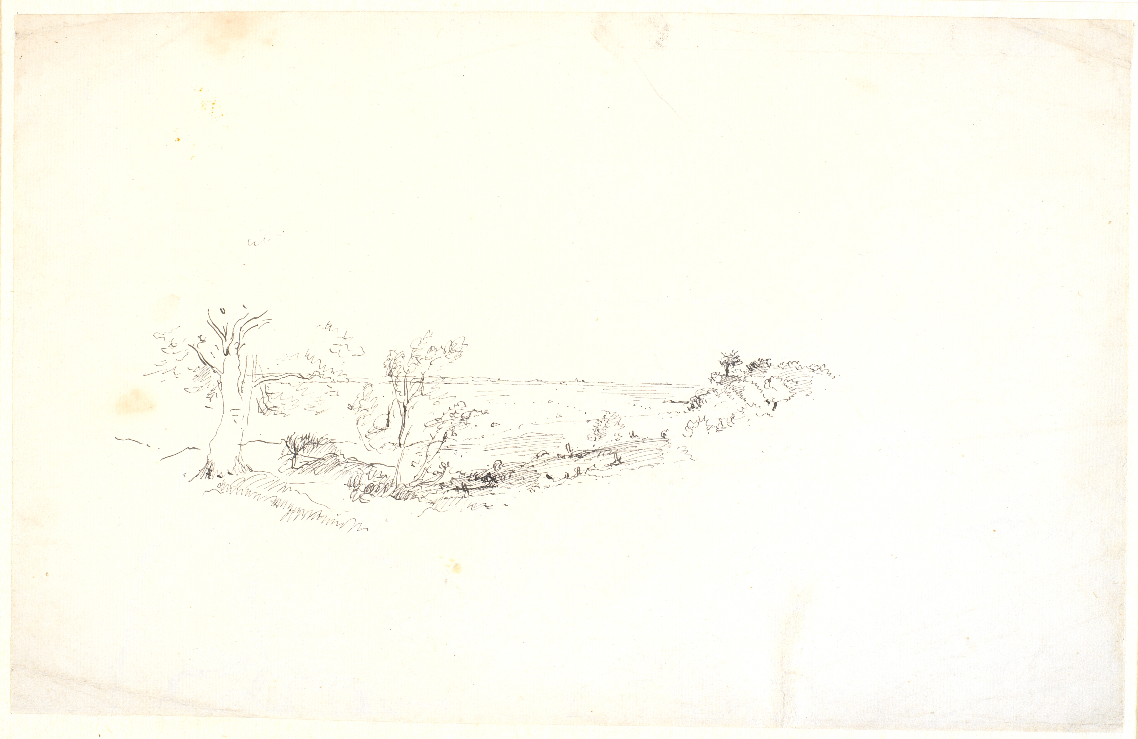 Udsigt over et bakkehæld til et vidtstrakt landskab. Løst rids