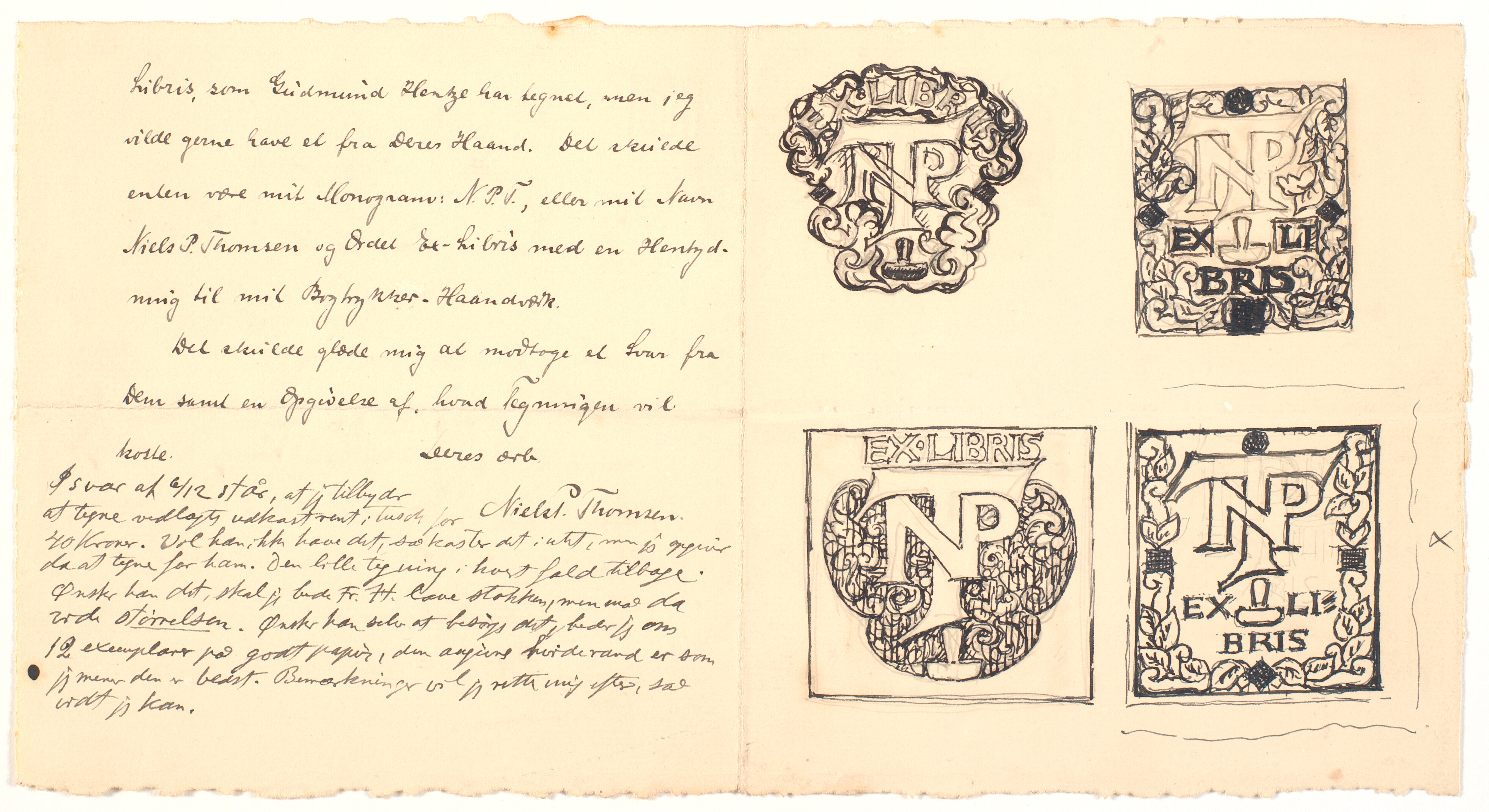 Brev med 10 udkast til ekslibris for bogtrykker Niels P. Thomsen