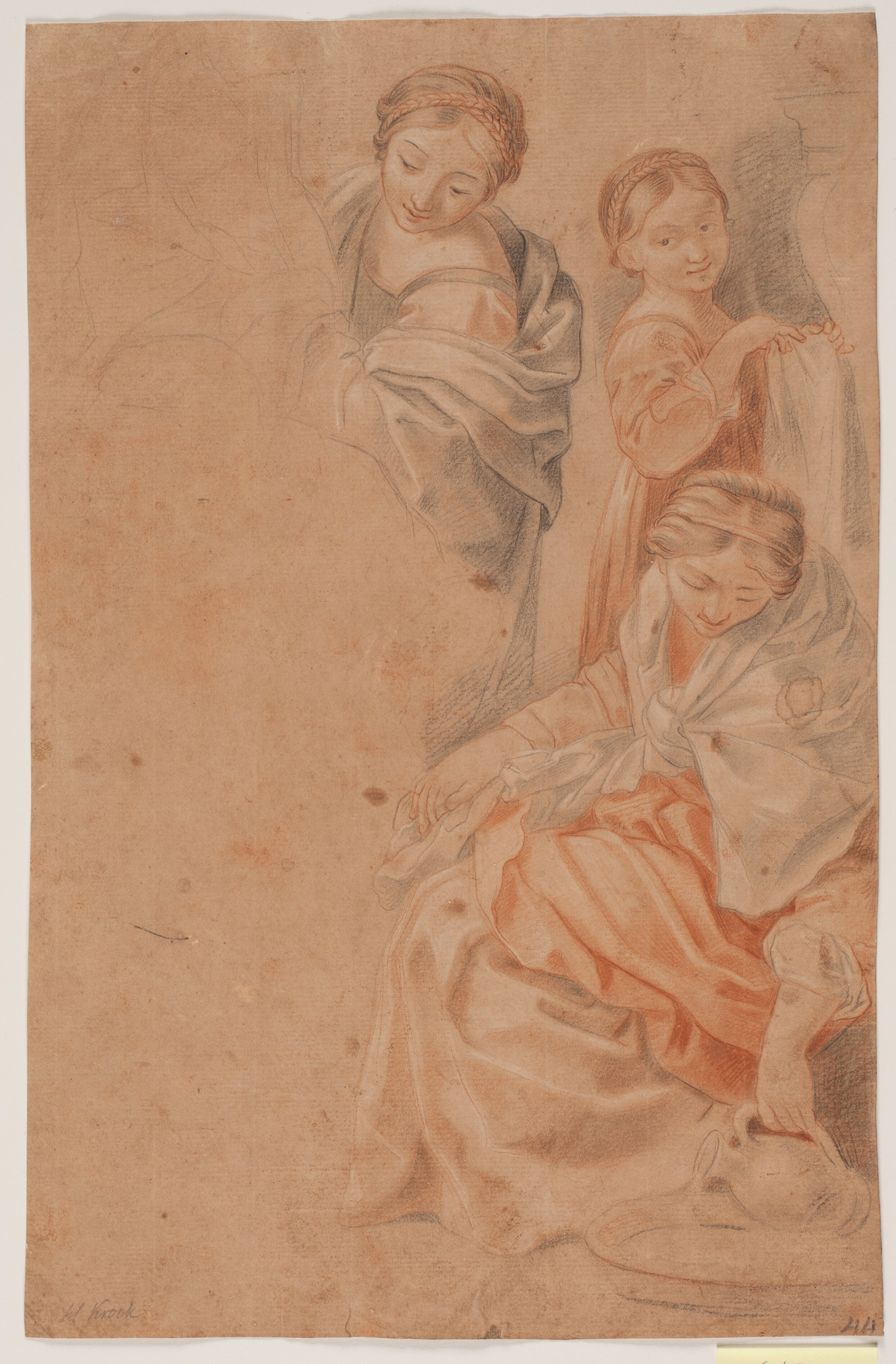 Tre kvindeskikkelser. Studie efter Guido Renis freske i Cappella dell' Annunciazione, Palazzo Quirinale, Rom. (Marias fødsel, højre side)