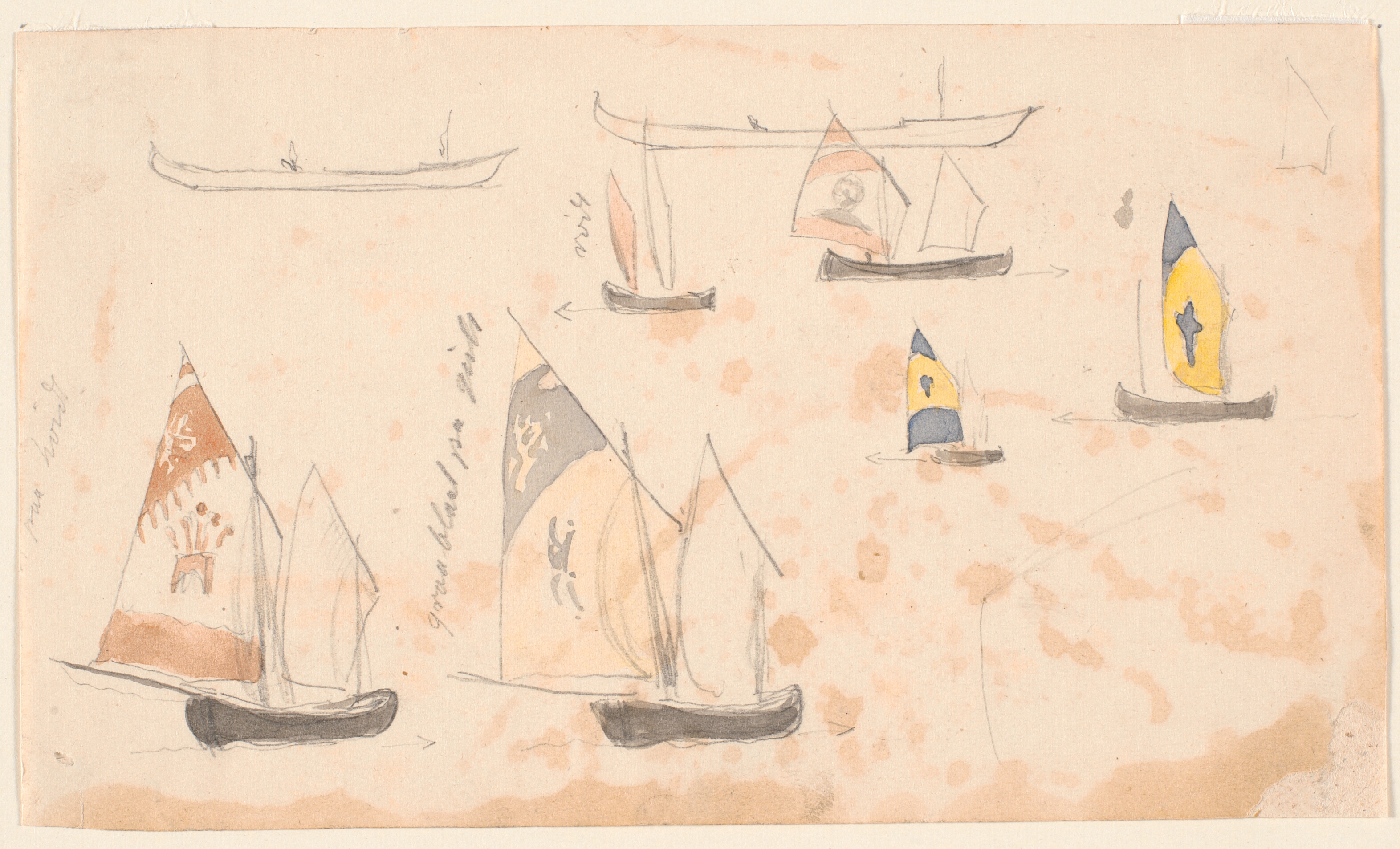 Skitsebogsblad med studier af venetianske sejlbåde.