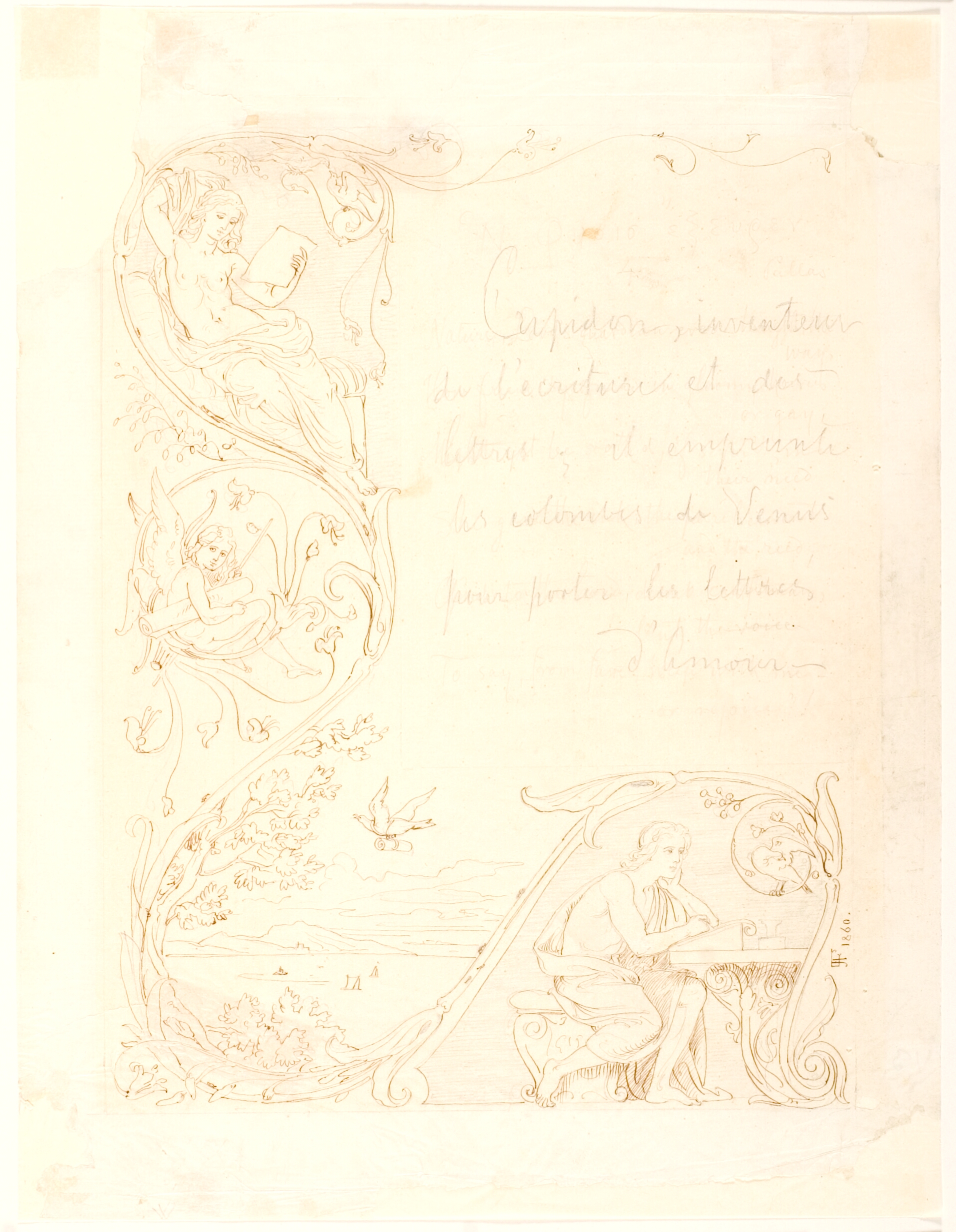 Ung læsende pige. Eros med papyrosrullen. En fugl flyver med papyrosrullen over havet. Ung skrivende mand