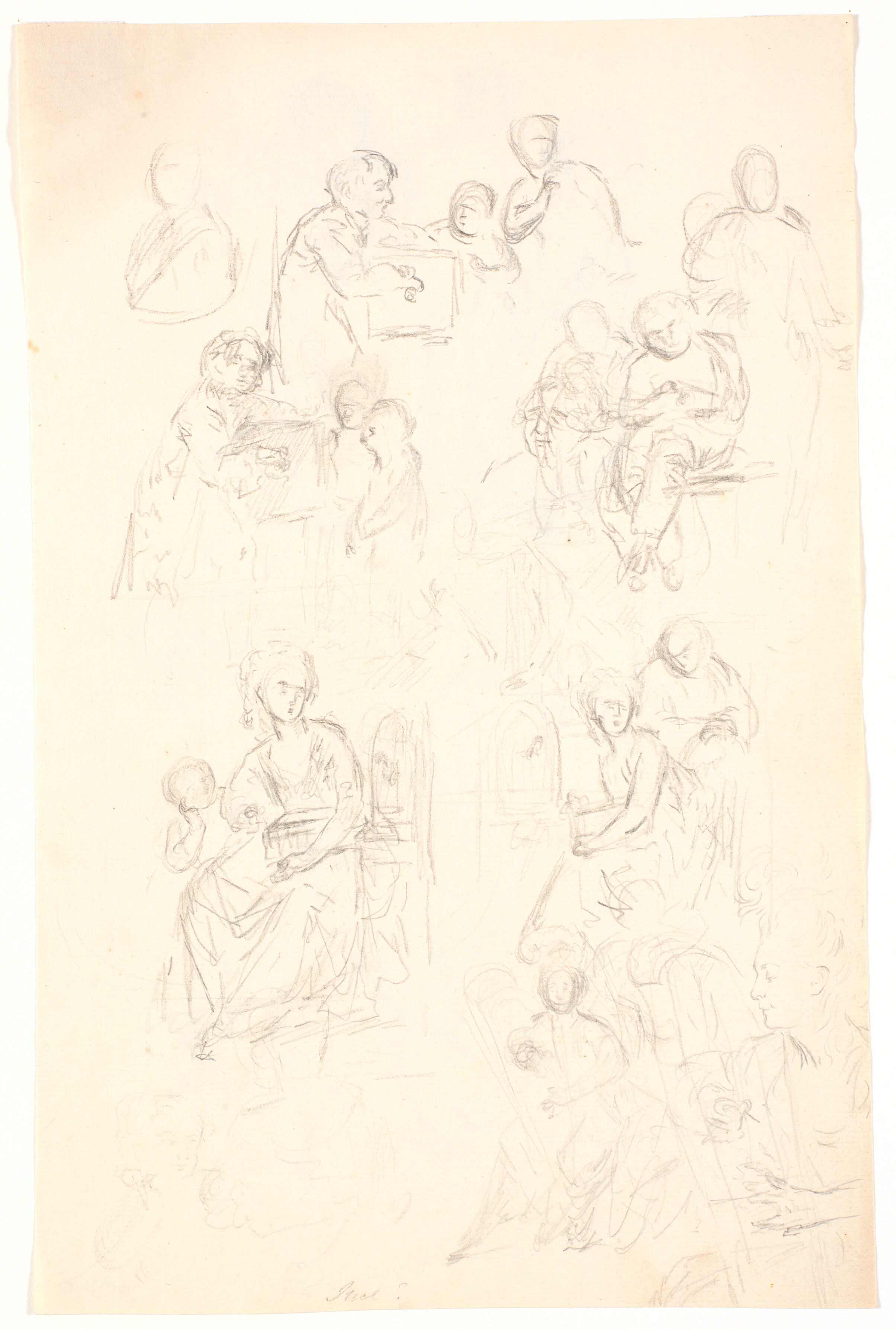 Flere figurscener. Bl.a. siddende damer med harper og fuglebure. Teaterscener?