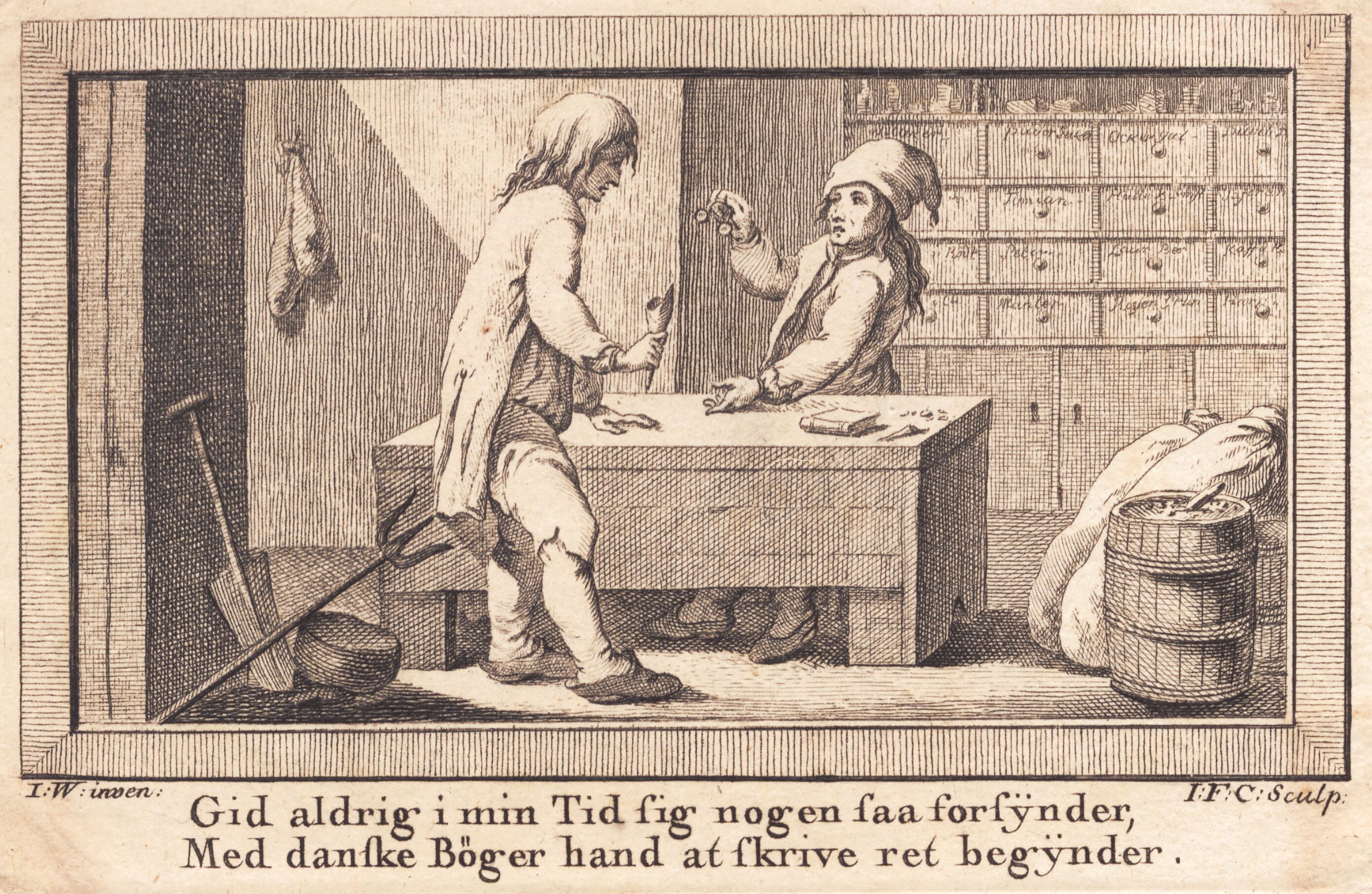 Peder Ruus og Per Iversen i købmandsboden