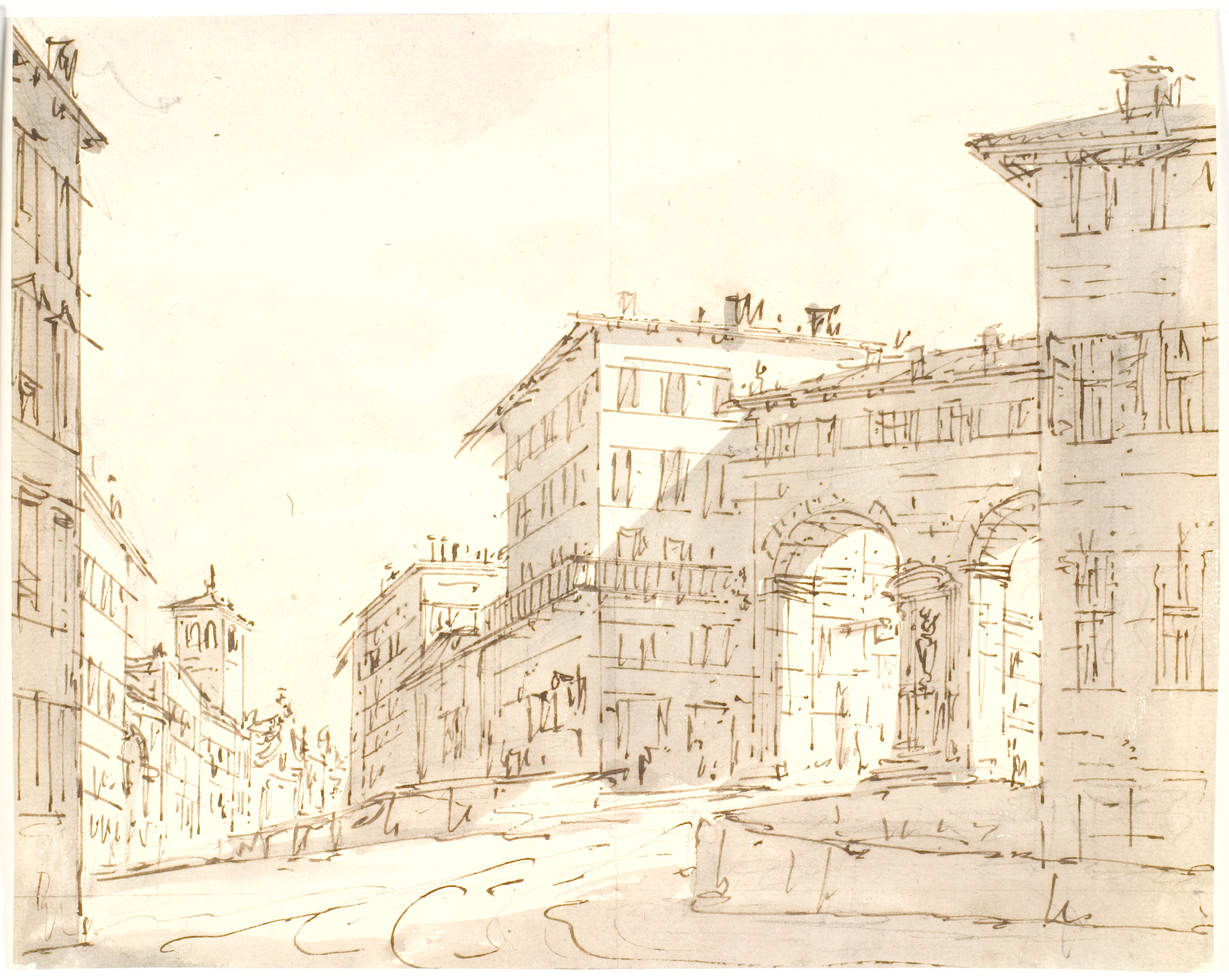 Italiensk gadeparti med kirke t.v. og portal t.h.