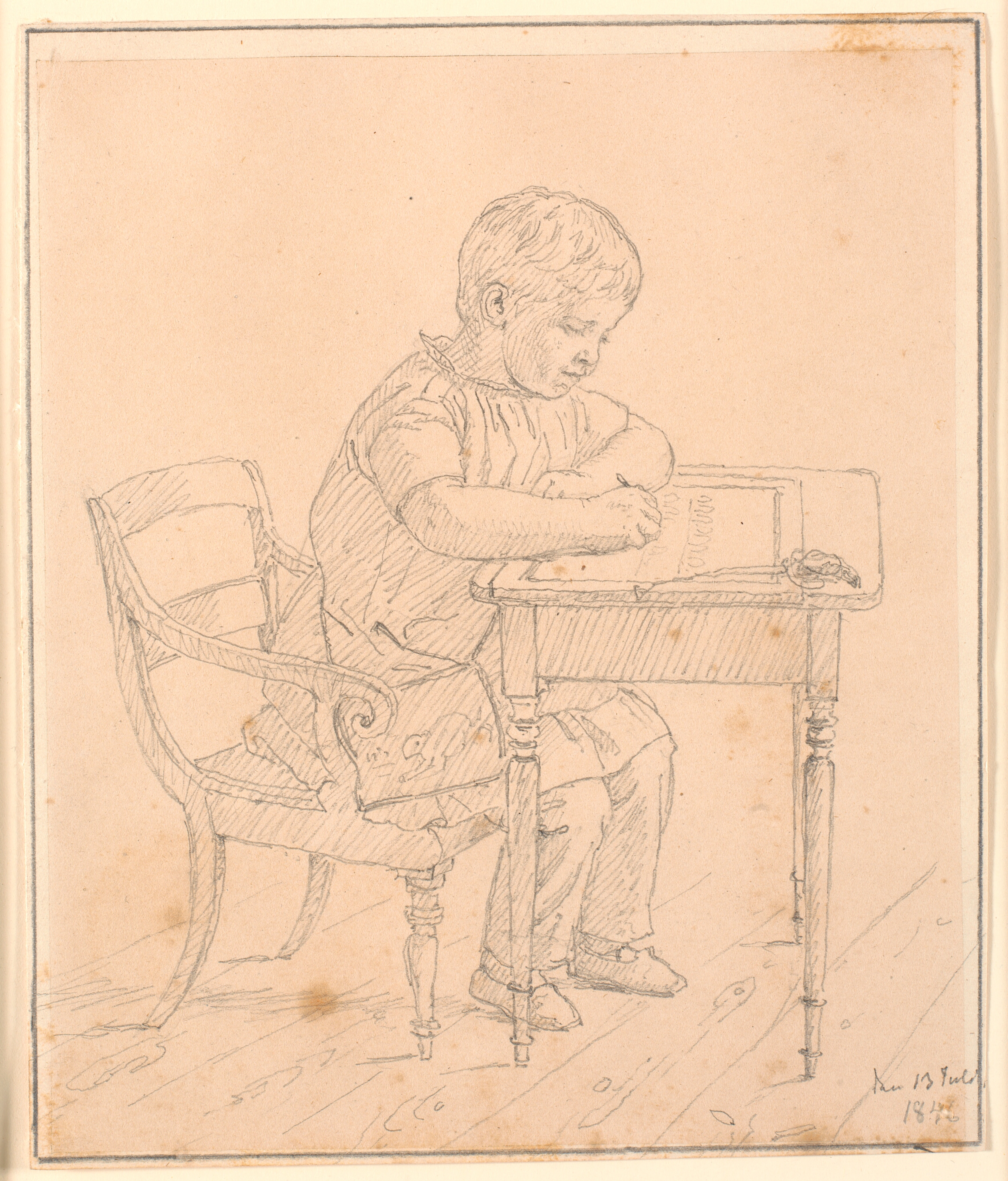 Kunstnerens søn Peter der skriver på en tavle