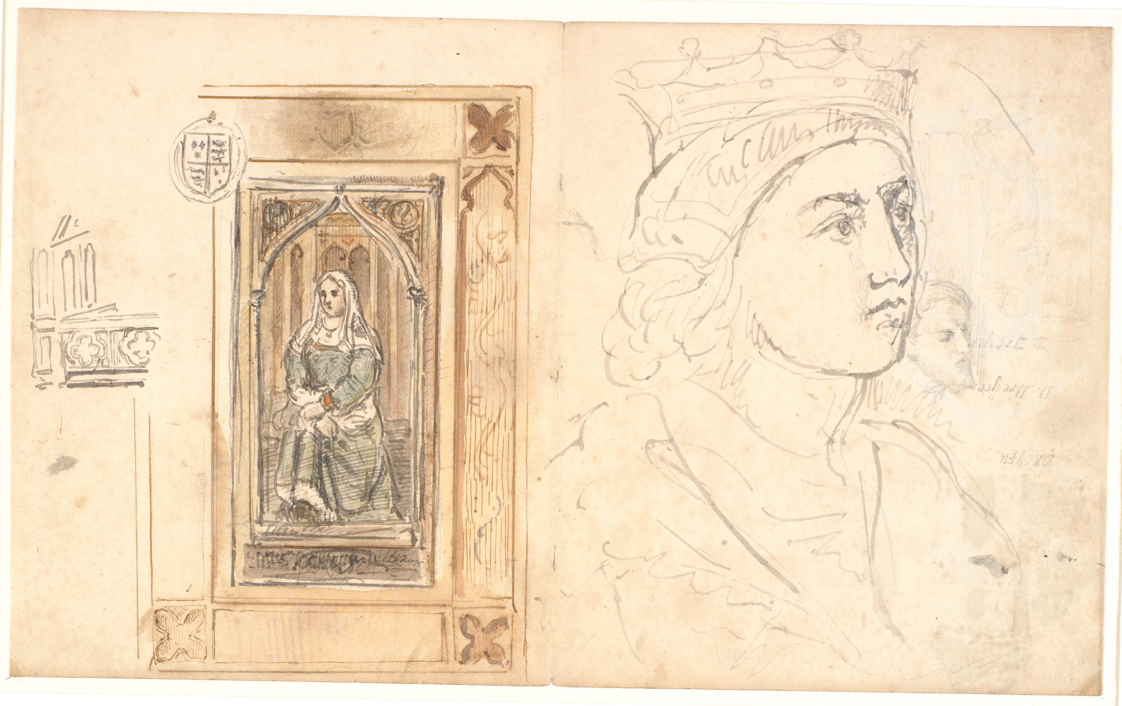 En siddende kvindelig figur, anbragt i en gotisk indramning. Et kronet hoved m.m.