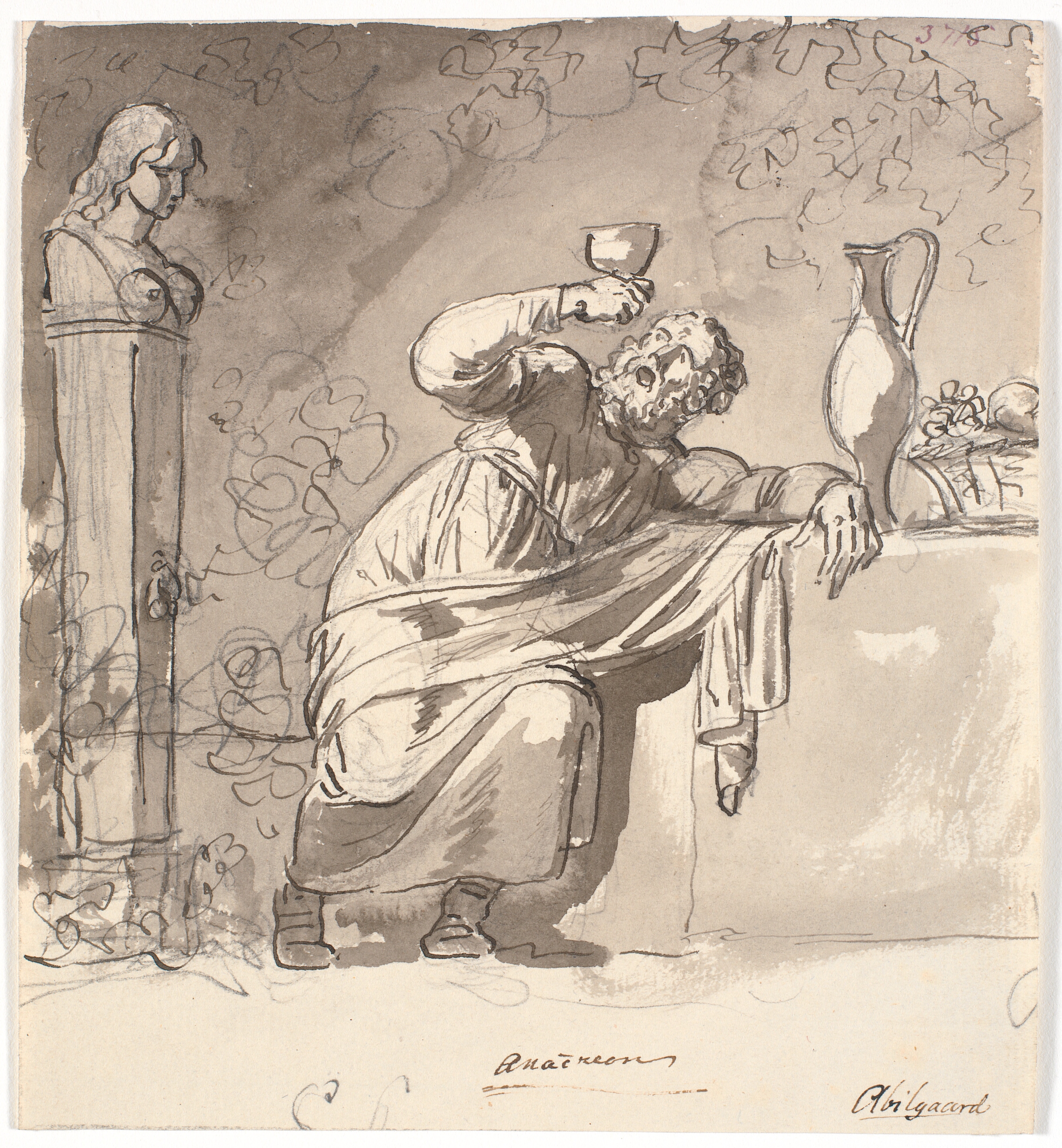 Anakreon, lænet mod et bord med et løftet bæger