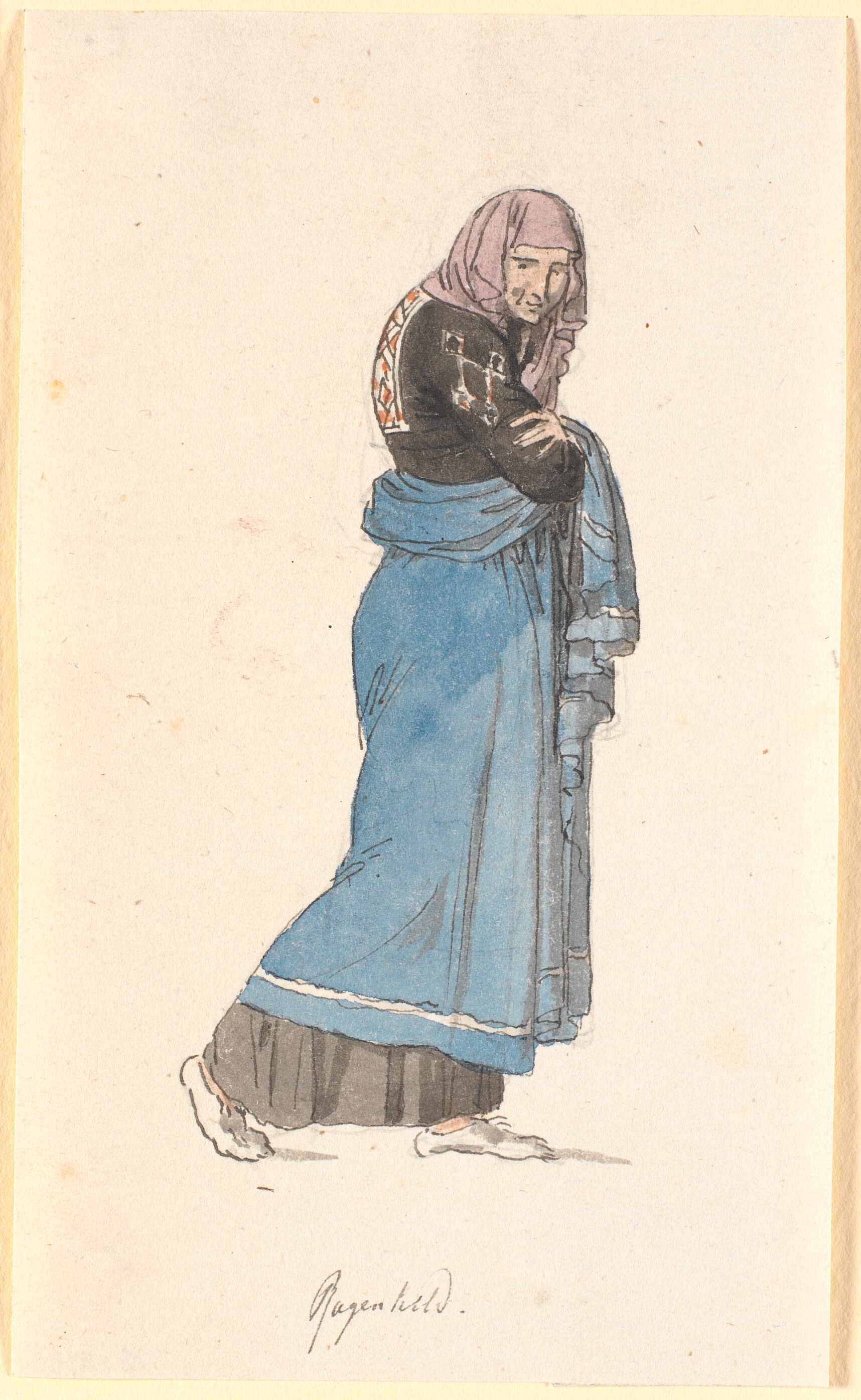 Udkast til en kvindedragt, en ældre kone svøbt i lange klæder