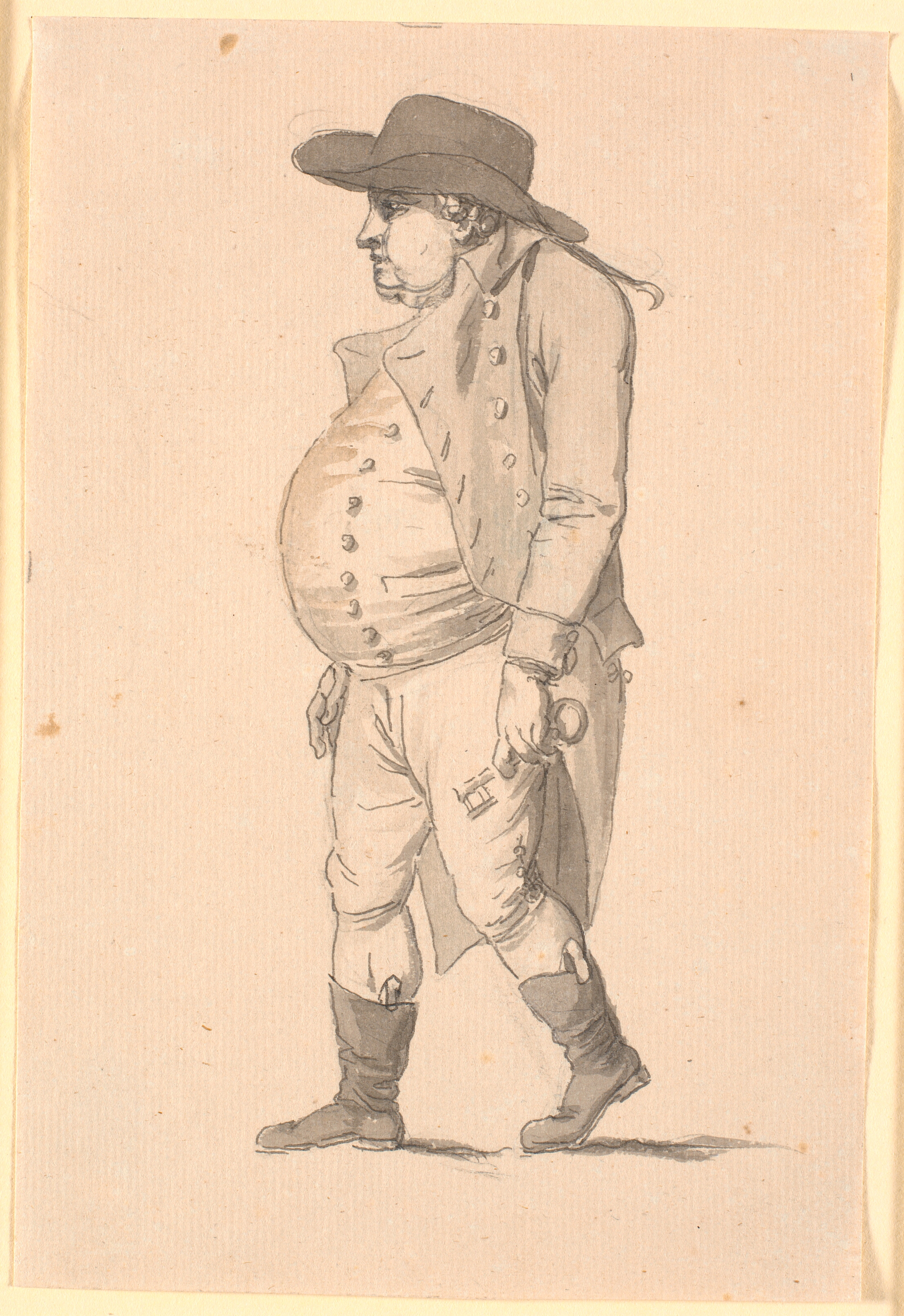 Karikatur af tykmavet mand, gående mand mod venstre, med en stor nøgle i venstre hånd