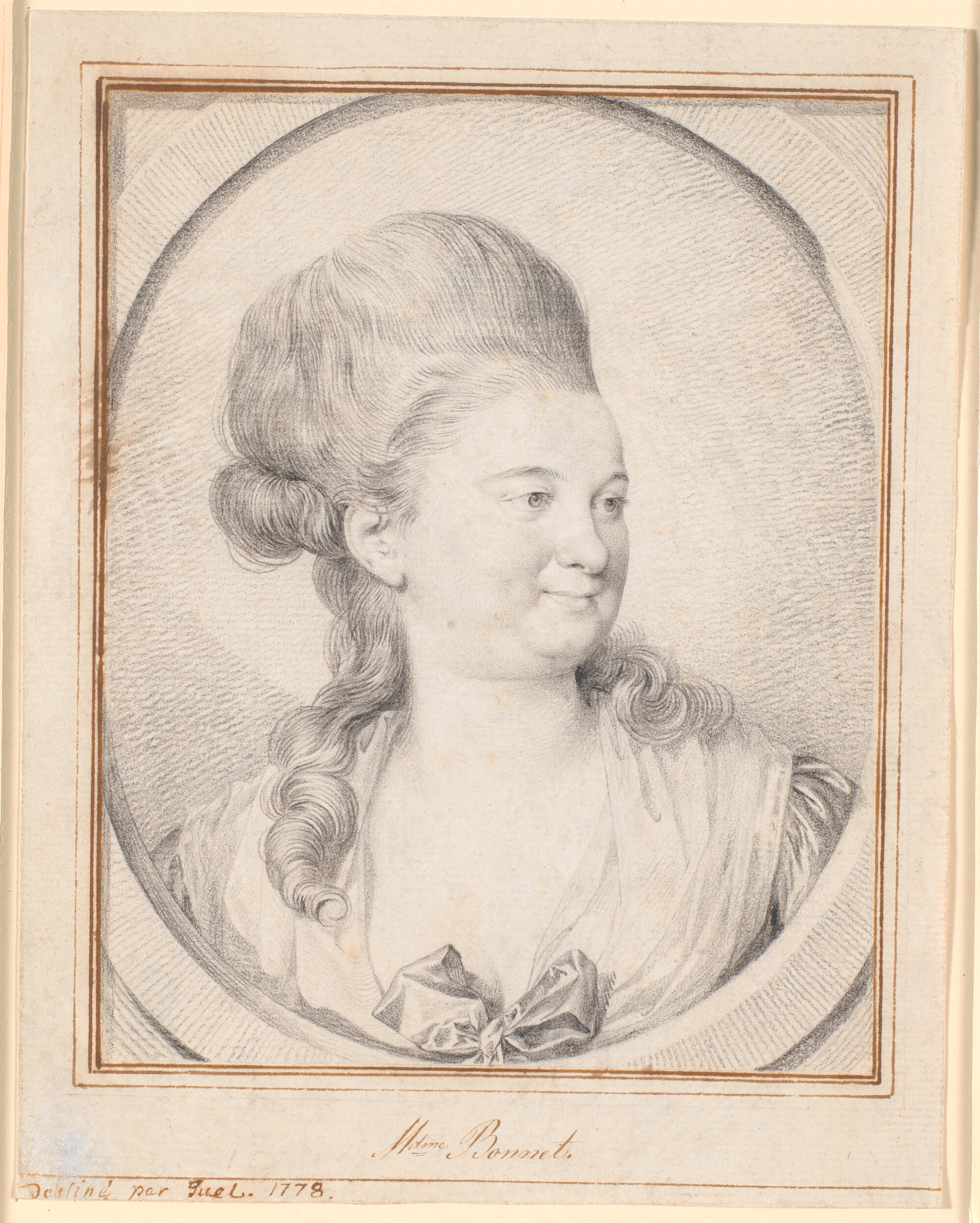 Portræt af Madame Charles Bonnet, født de la Rive. Brystbillede i trekvart profil mod højre i tegnet stenoval