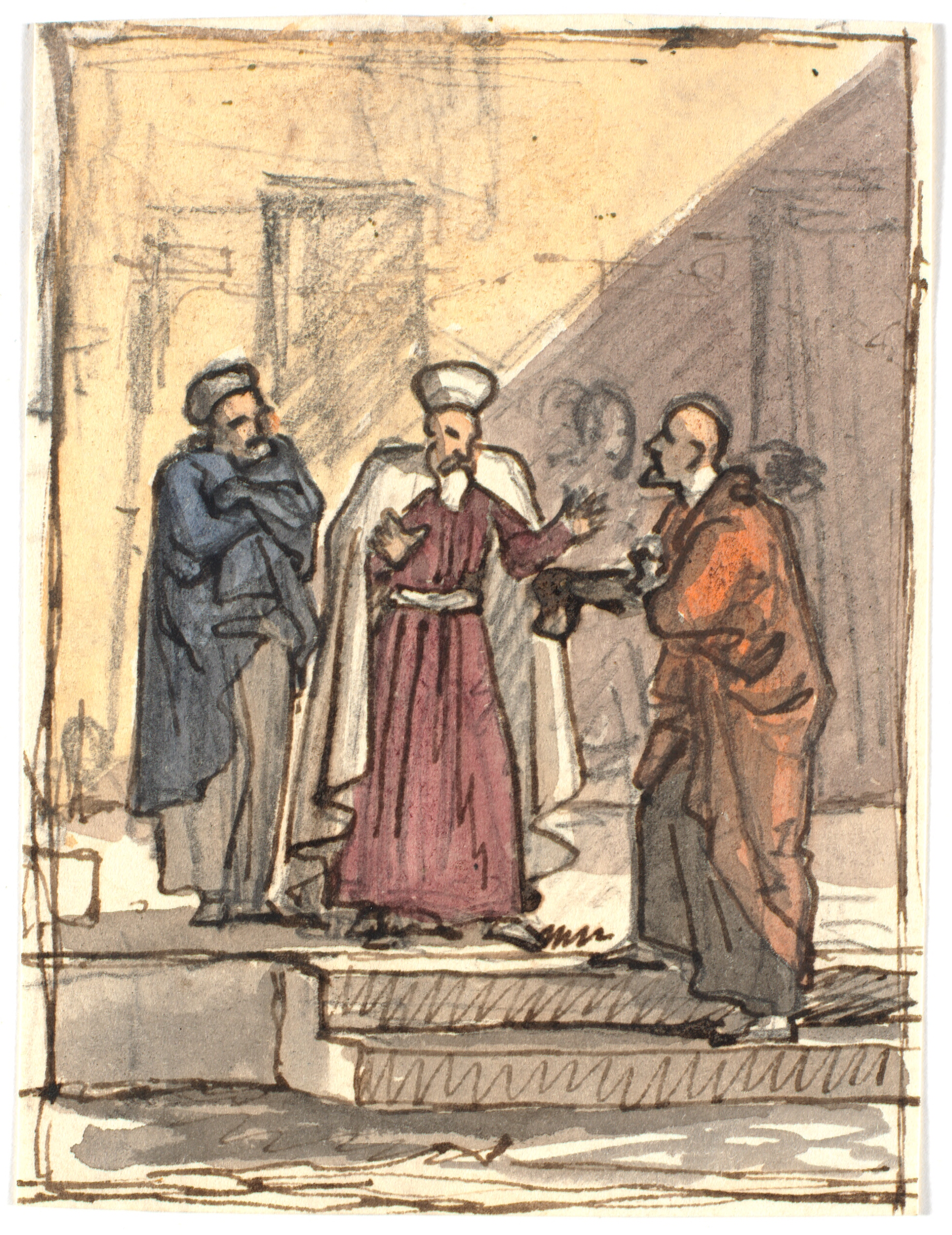 Kompositionsstudie med tre stående mænd på en to-trins trappe