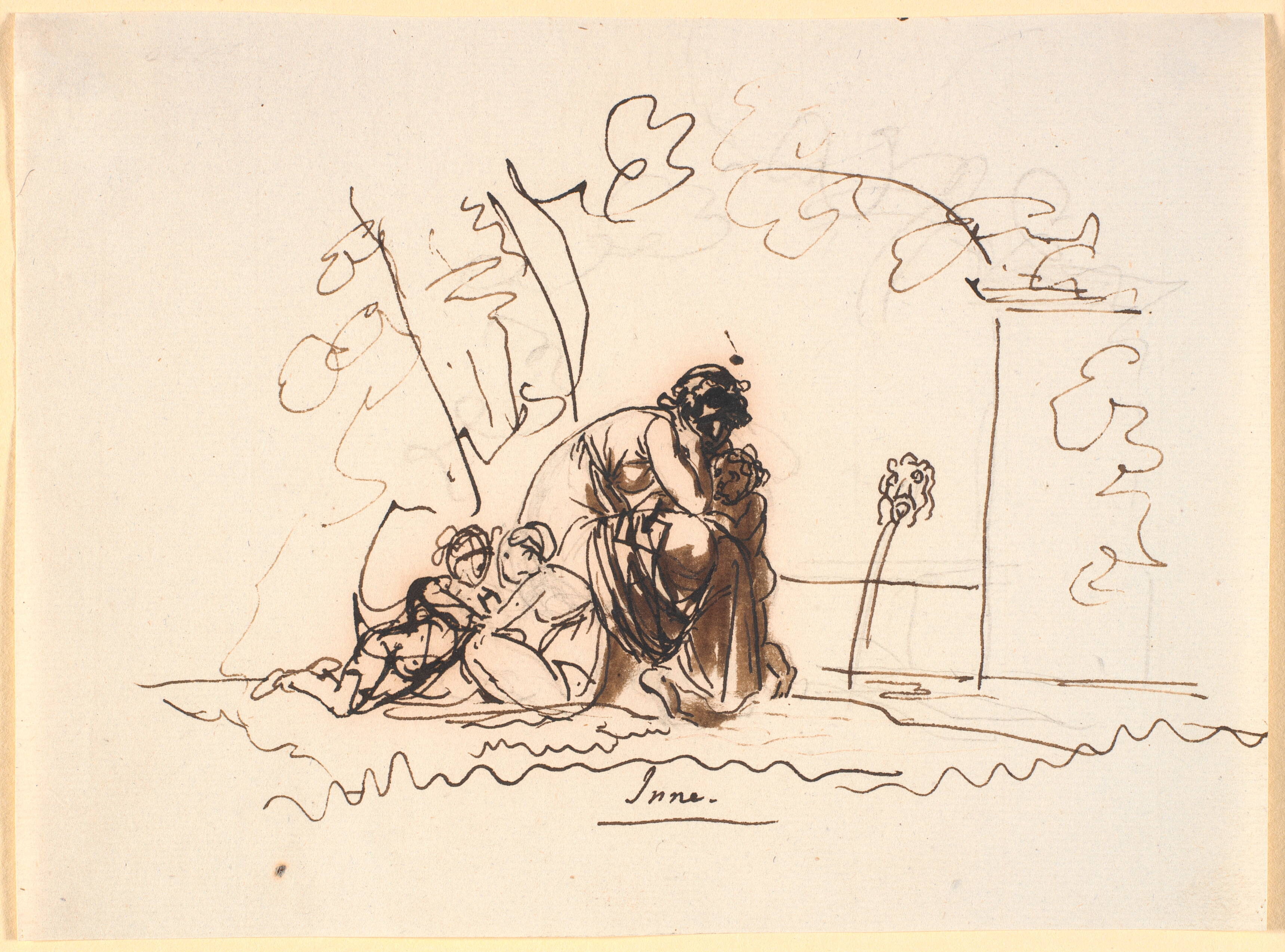 En kvinde, der sidder ved en kilde med tre små børn