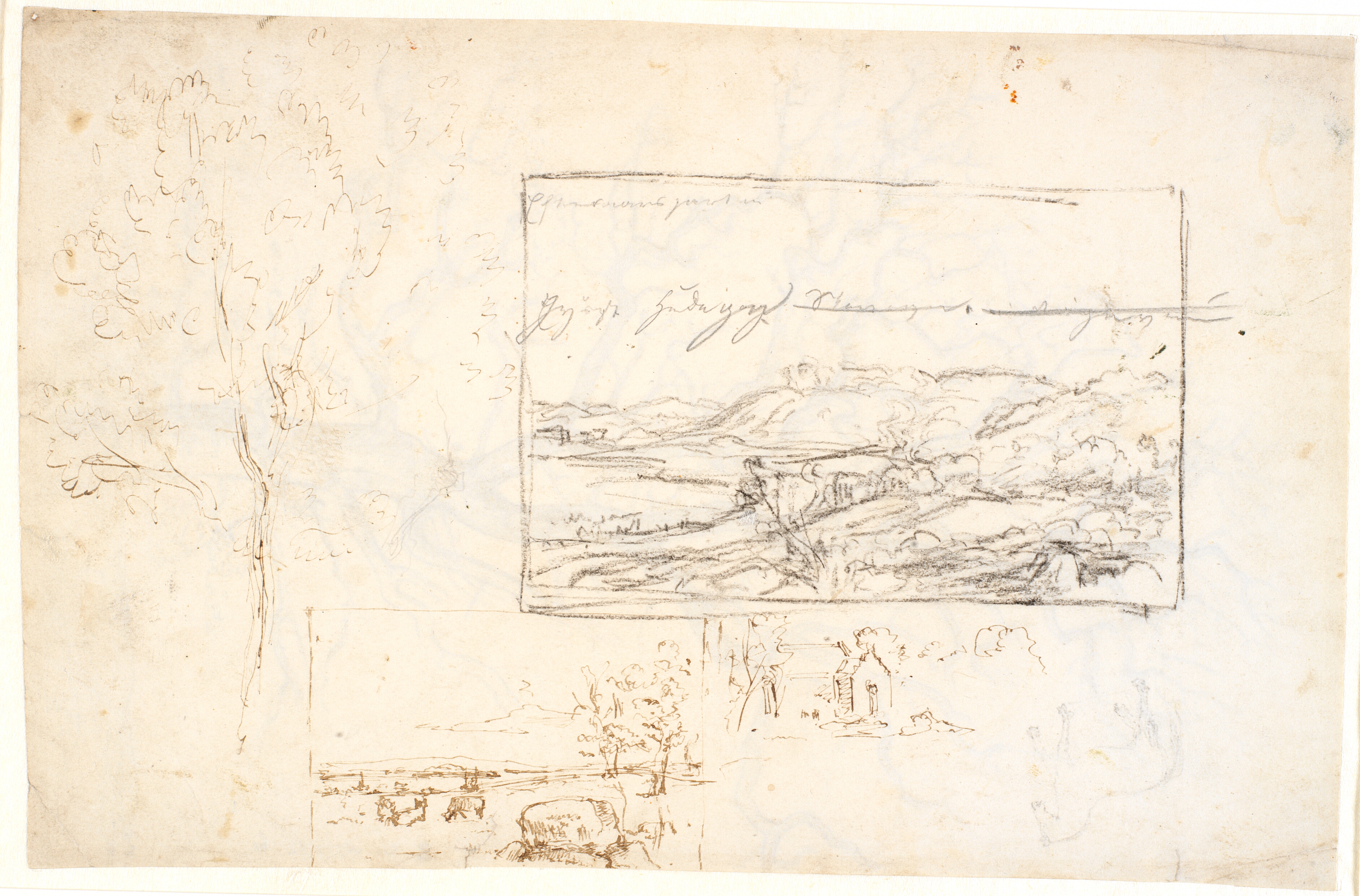 Tre billedudkast. 1: til billede fra Brandsø. 2.: Jysk landskab. 3: Kirke omgivet af træer