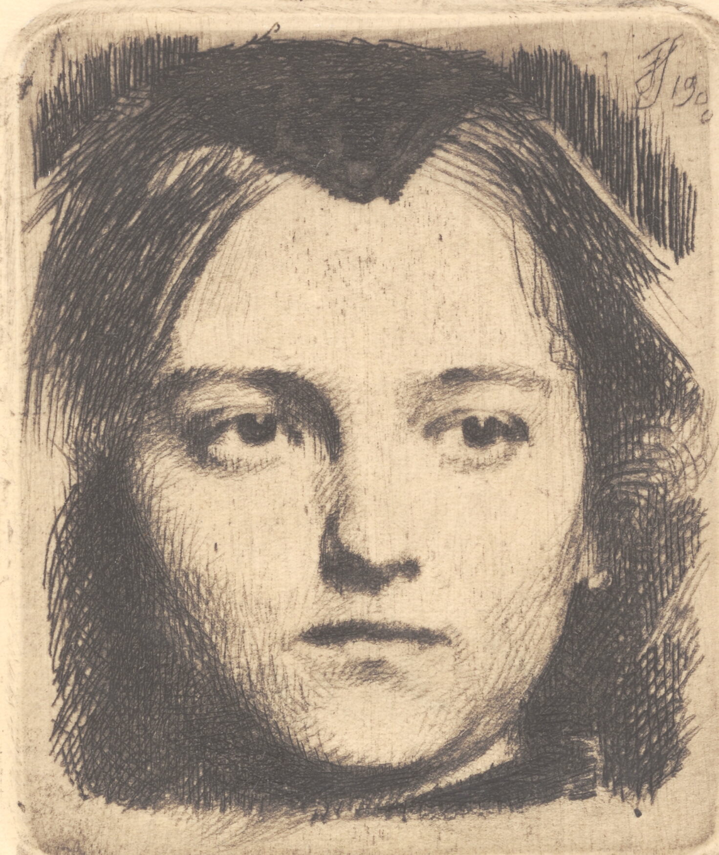 Ungt kvindehoved, en face, med snip. Prøveplade