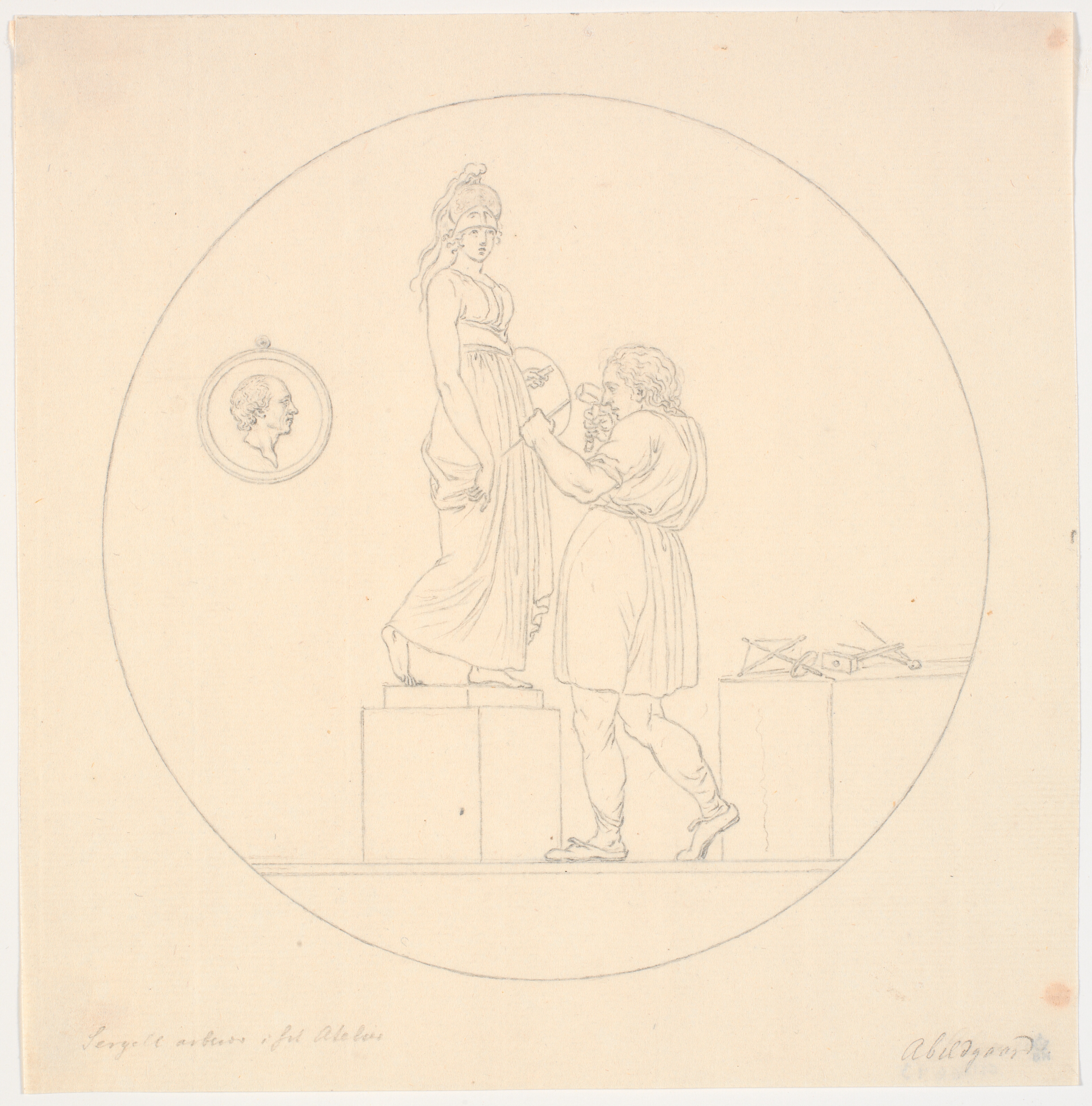 Sergel arbejder i sit atelier med at hugge en statue af Minerva