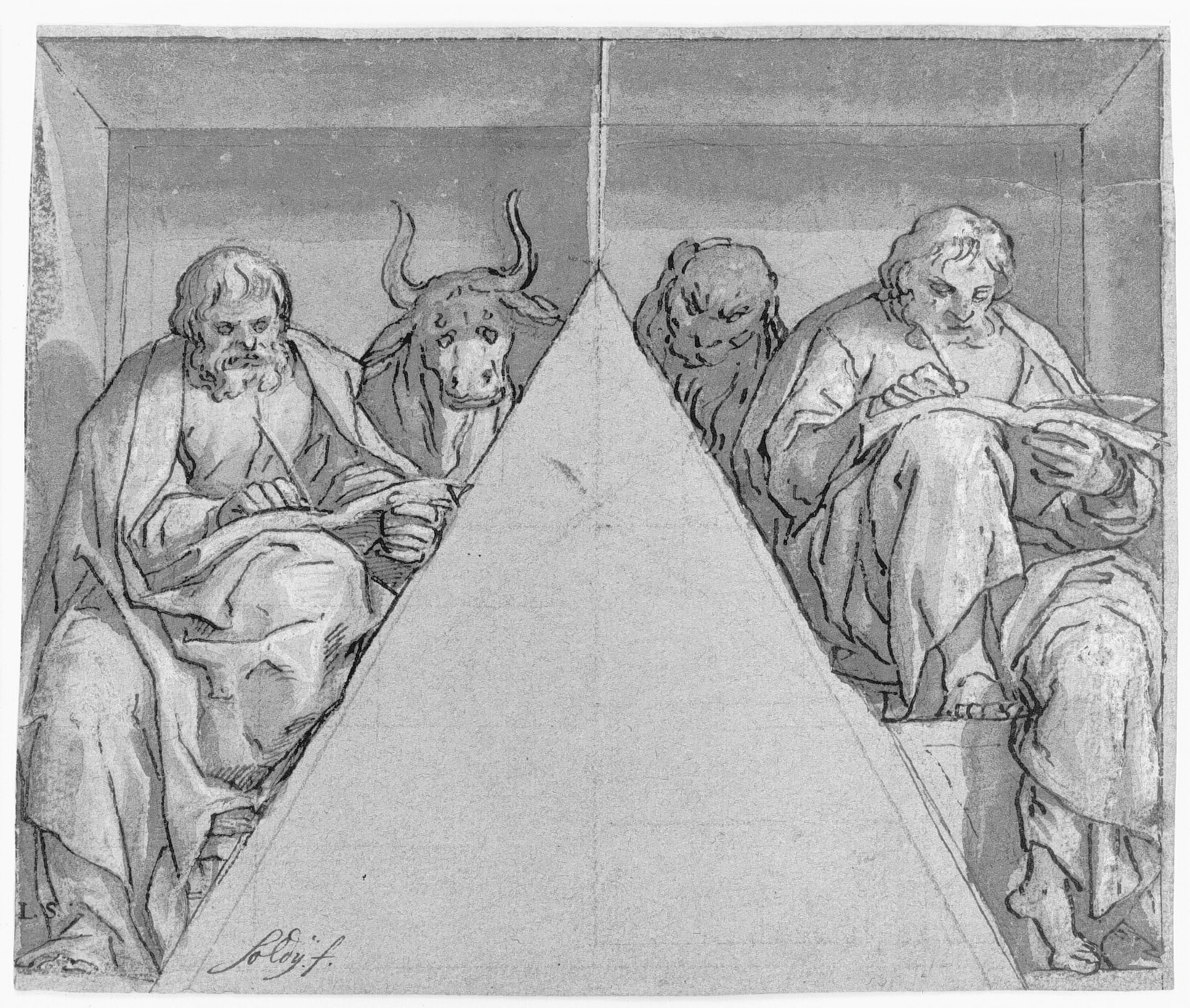 Evangelisterne Lukas og Markus på hver sin side af et trekantet felt